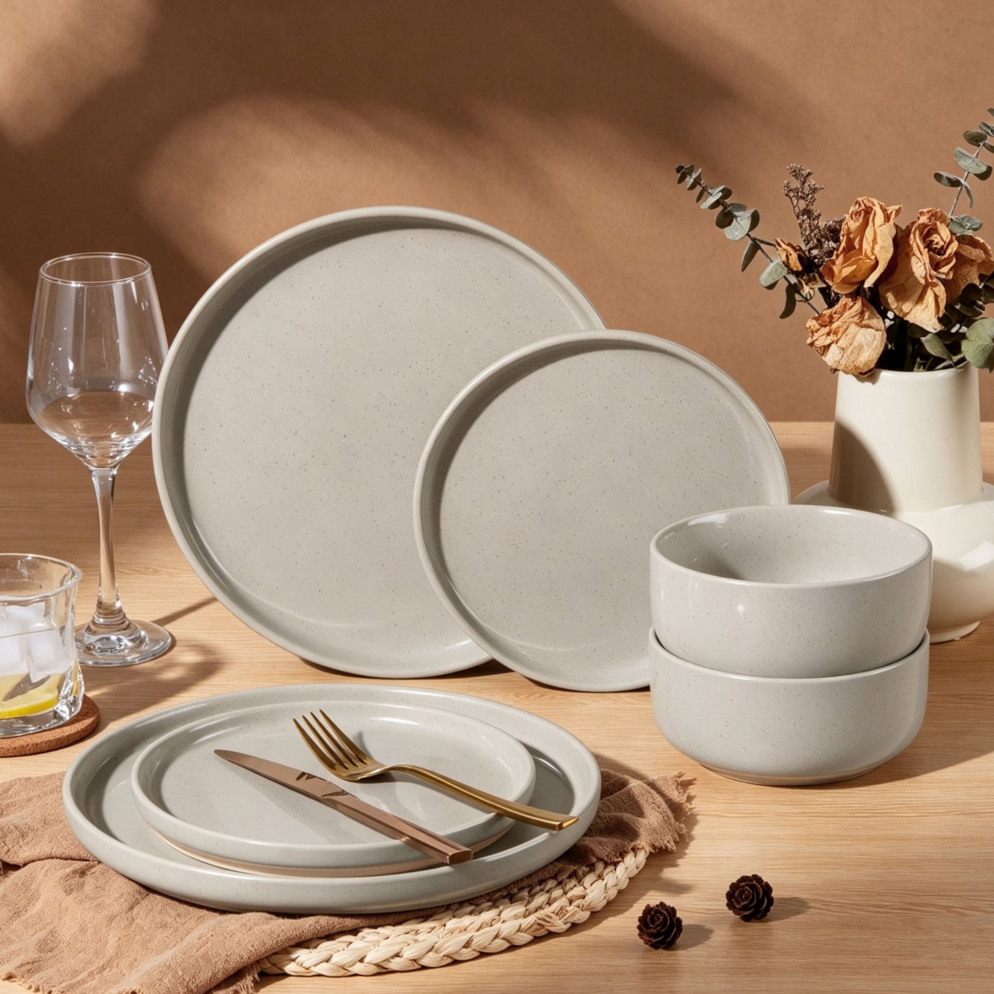 Vesteel Stoneware Dinnerware Sets for 2, 6 Pieces Ceramic Plates and Bowls Sets, Elegant Dishes with Rustic Terracotta Base, Dishwasher & Microwave Safe, Scratch Resistant, Cappuccino Brown