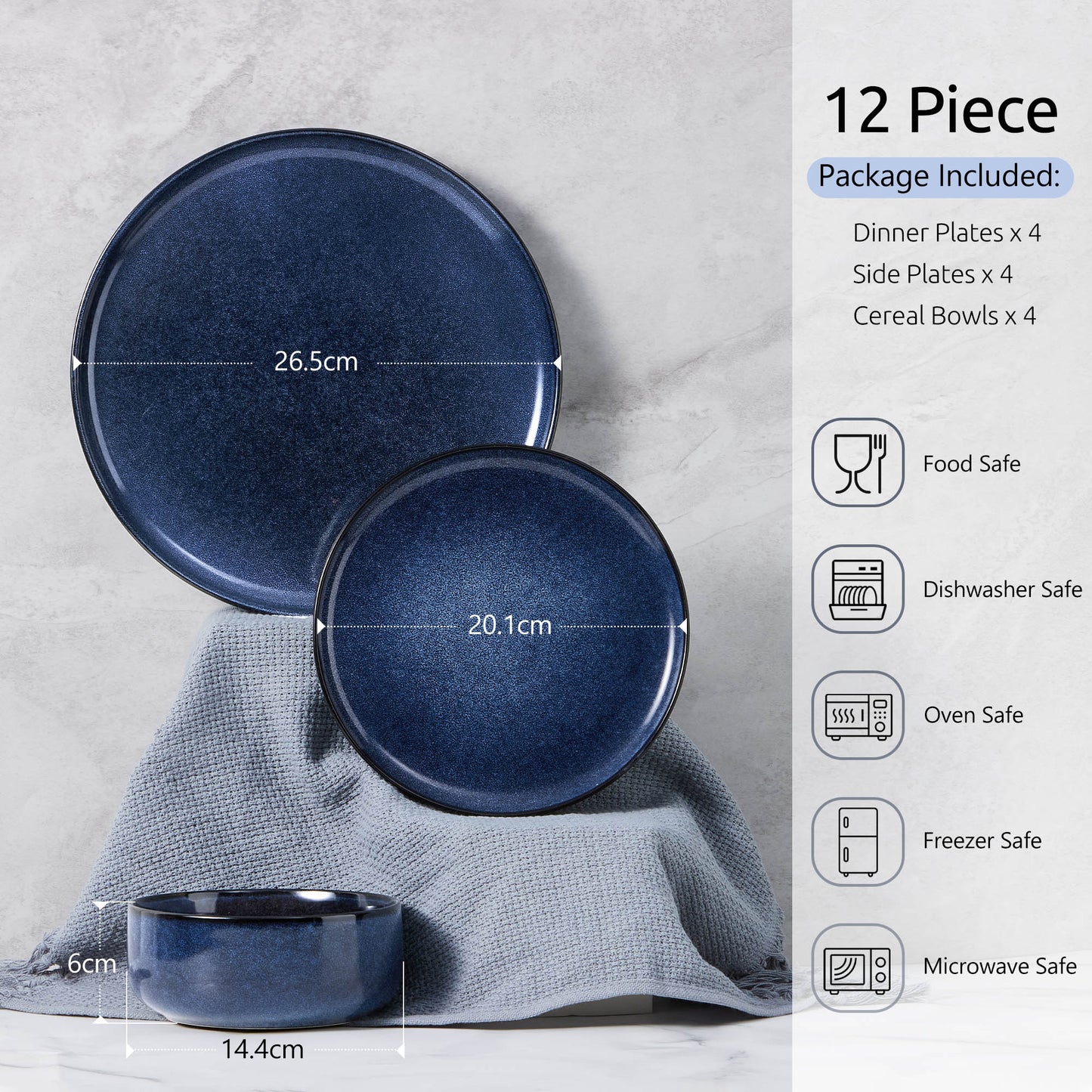 Onader 12 Piece Stoneware Dinnerware Sets, Plates and Bowls Dish Set for 4, Speckled Kitchen Dining Plates and Bowls, Dishwasher & Microwave Safe - Starry Sky Blue
