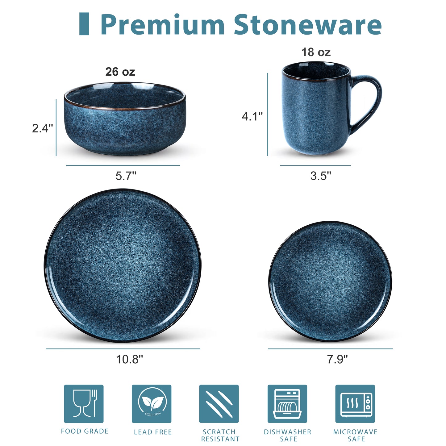 Vesteel 16-Piece Plates and Bowls Sets, Stoneware Dinnerware Sets for 4, Handmade Reactive Glaze Coupe Dishes Set, Chip & Scratch Resistant - Ocean Blue