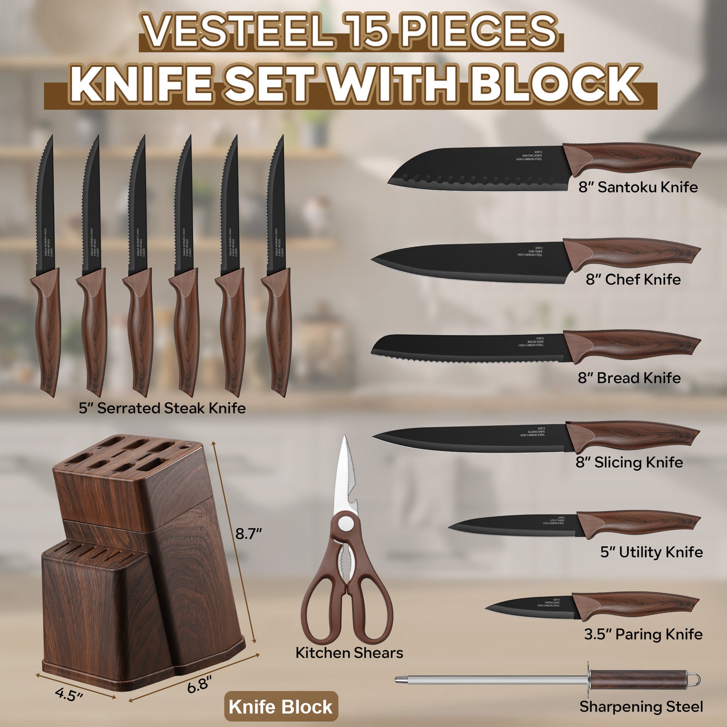 Vesteel Knife Set for Kitchen with Block, 15 Pcs Stainless Steel Kitchen Knives Set with Sharpener Kitchen Shears - Walnut Brown