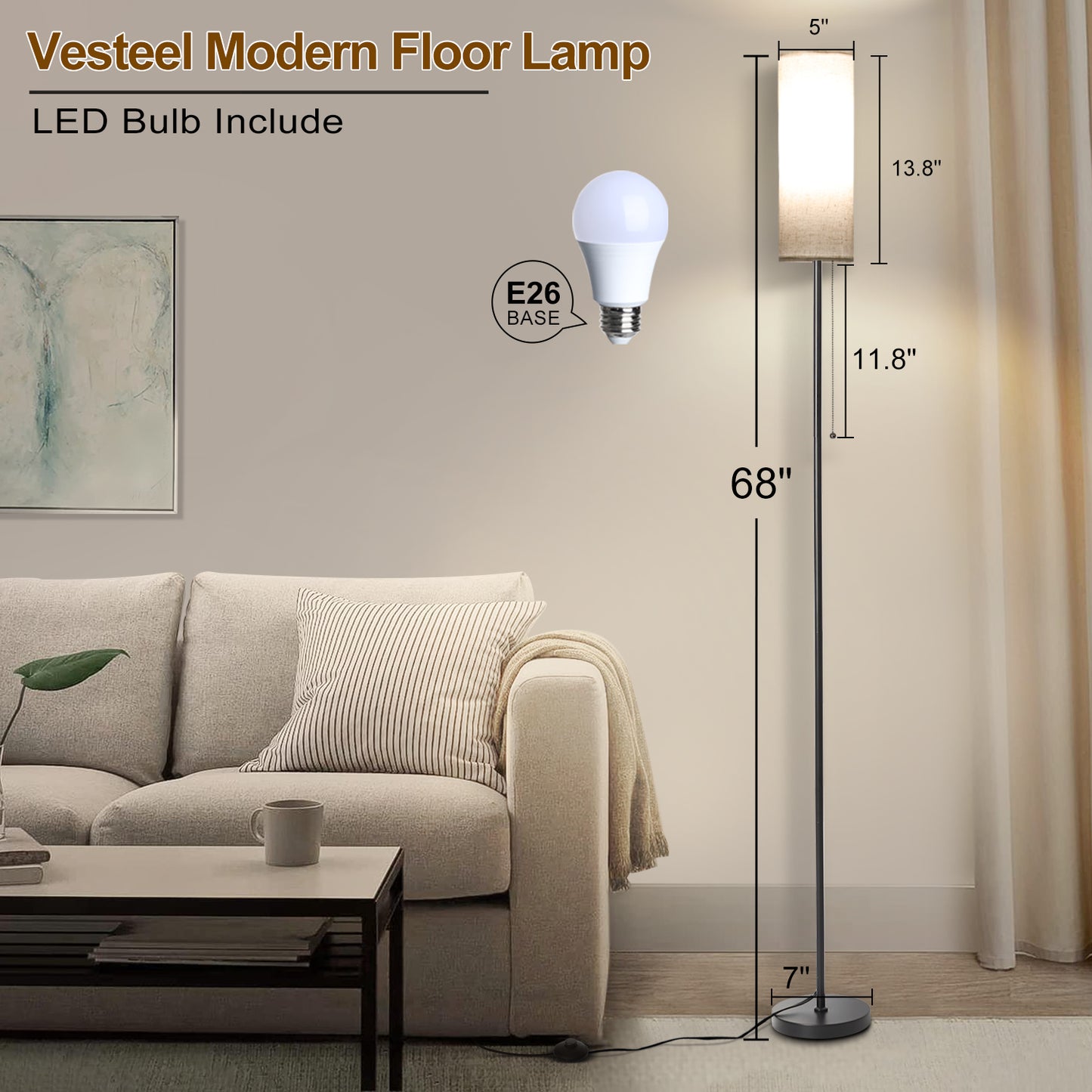 Vesteel Floor Lamp for Living Room, Modern Standing Lamp with 3 Color Temperatures LED Bulb & Linen Lampshade, Pole Lamp for Bedroom Living Room Office