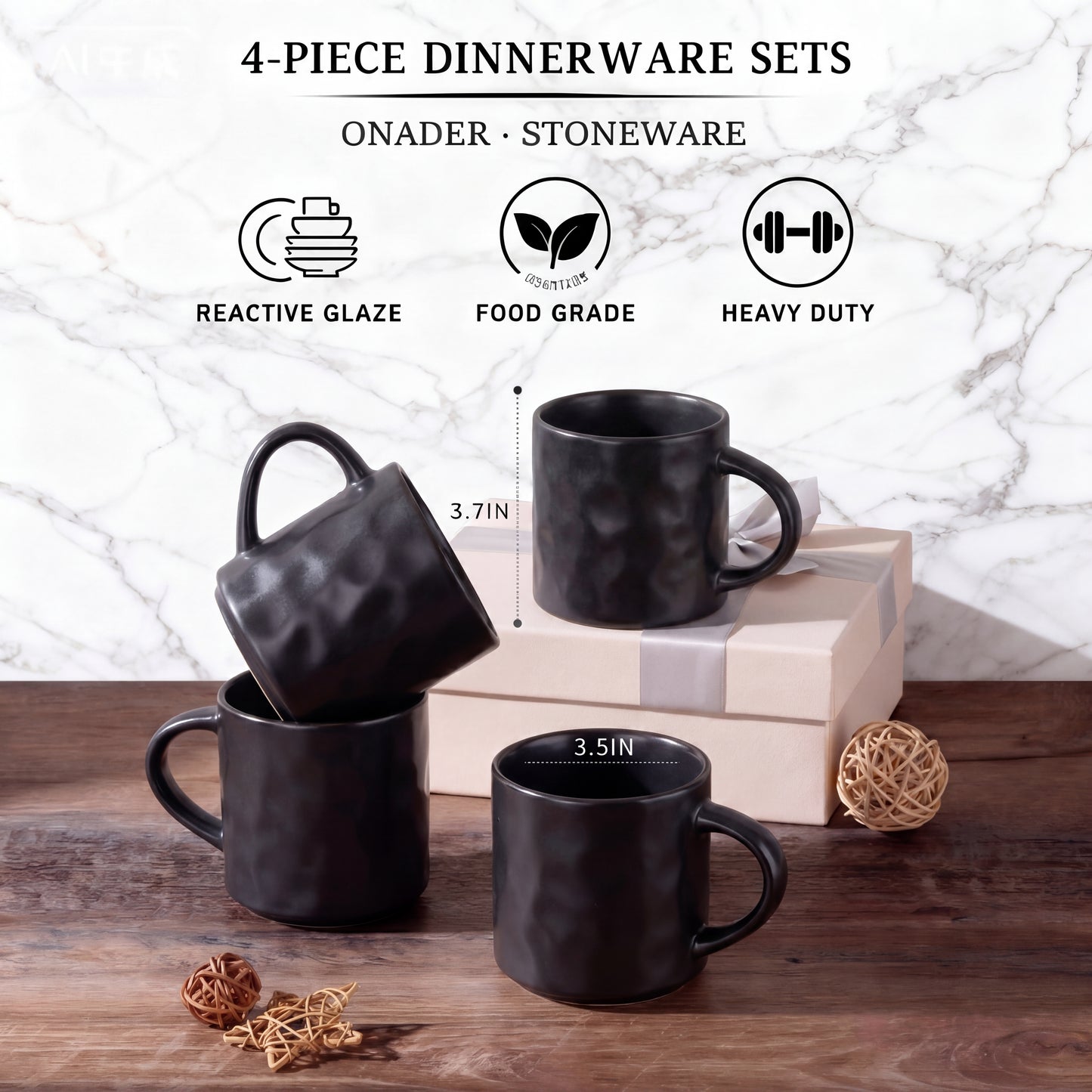 Onader 14OZ Coffee Mugs Set of 4, Stoneware Tea Cup Set with Handle, Premium Glaze Cups for Latte/Cocoa/Cappuccino, Dishwasher & Microwave Safe - Matte Black