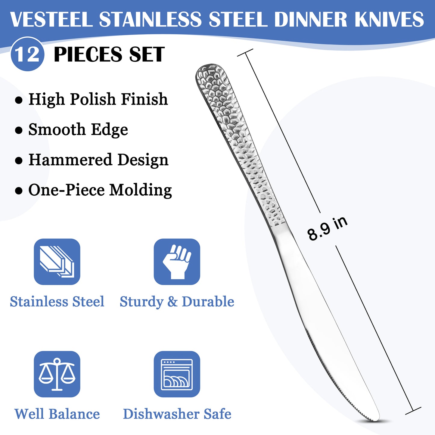 Vesteel 12-Piece Dinner Knives Set, 8.9 inch Stainless Steel Hammered Table Cutlery Knife Set, Mirror Finish & Dishwasher Safe