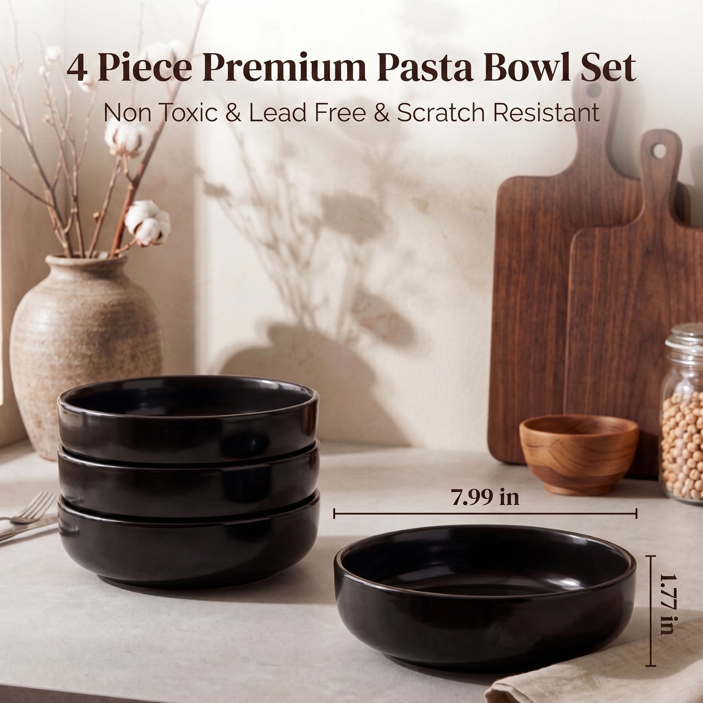 Onader Pasta Bowls Set of 4, 35oz Stoneware Large Pasta Bowls, Wide & Shallow Pasta Plates for Salad Soup Dessert, Microwave and Dishwasher Safe - Matte Black