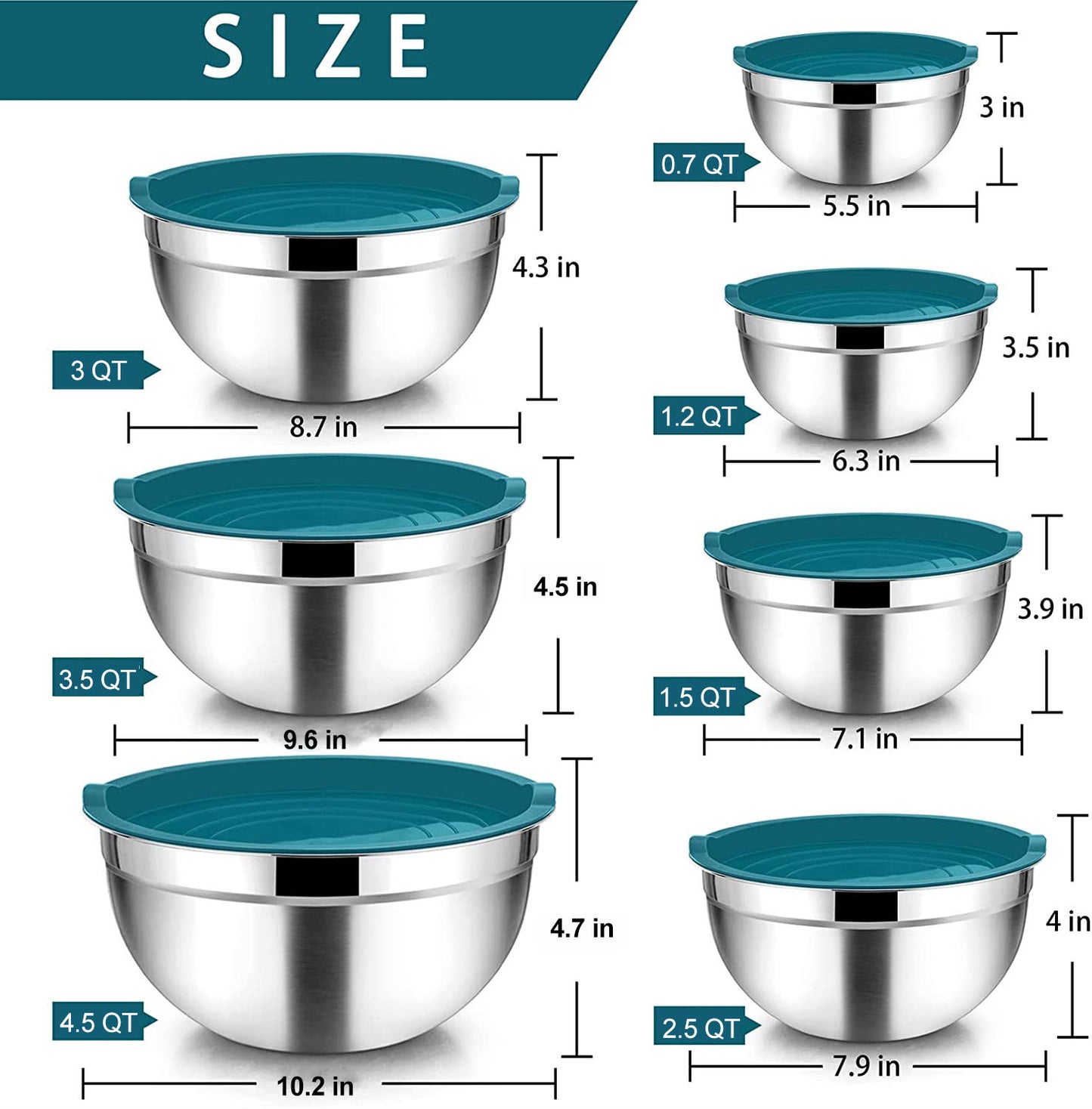 Vesteel 7 PCS Stainless Steel Mixing Bowls, Metal Nesting Salad Bowls with Lids, 4.5/3.5/3/2.5/1.5/1.2/0.7 QT - Blue