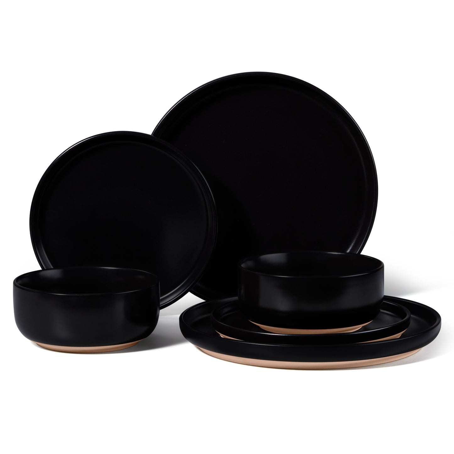 Vesteel Stoneware Dinnerware Sets for 2, 6 Pieces Ceramic Plates and Bowls Sets, Elegant Dishes with Rustic Terracotta Base, Dishwasher & Microwave Safe, Scratch Resistant, Matte Black