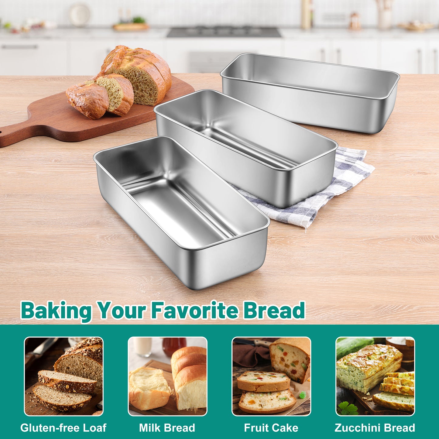 Vesteel 12 x 5 Inch Loaf Pan Set of 3, Stainless Steel Baking Bread Pans, Large Toast Baking Pans for Meatloaf, Cake & Homemade Bread, Non Toxic & Dishwasher Safe