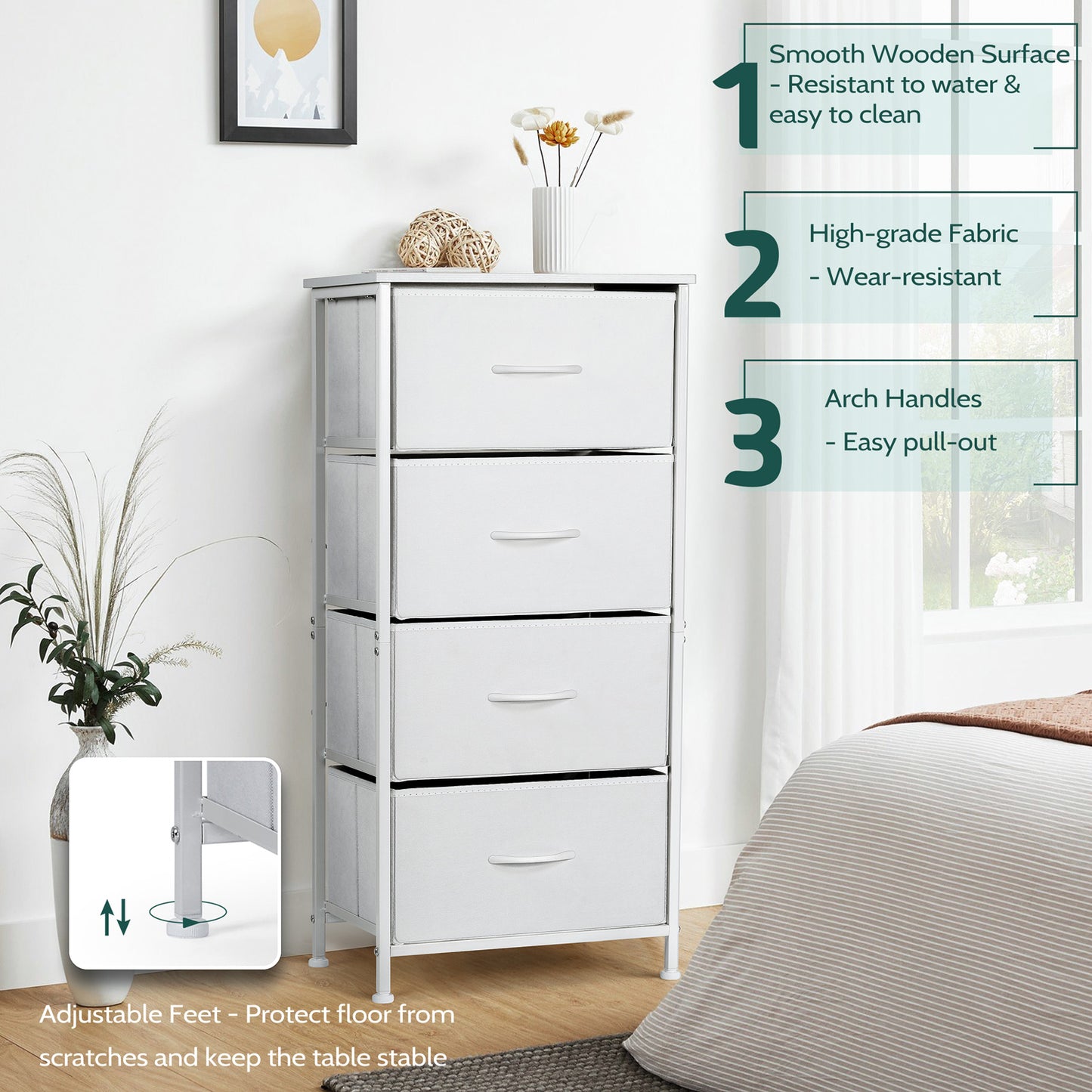 4 Drawers Dresser for Bedroom, Vesteel Fabric Chest of Drawers Tall Storage Tower with Wood Top and Sturdy Steel Frame, Storage Organizer Unit for Closet, Living Room, Hallway - White