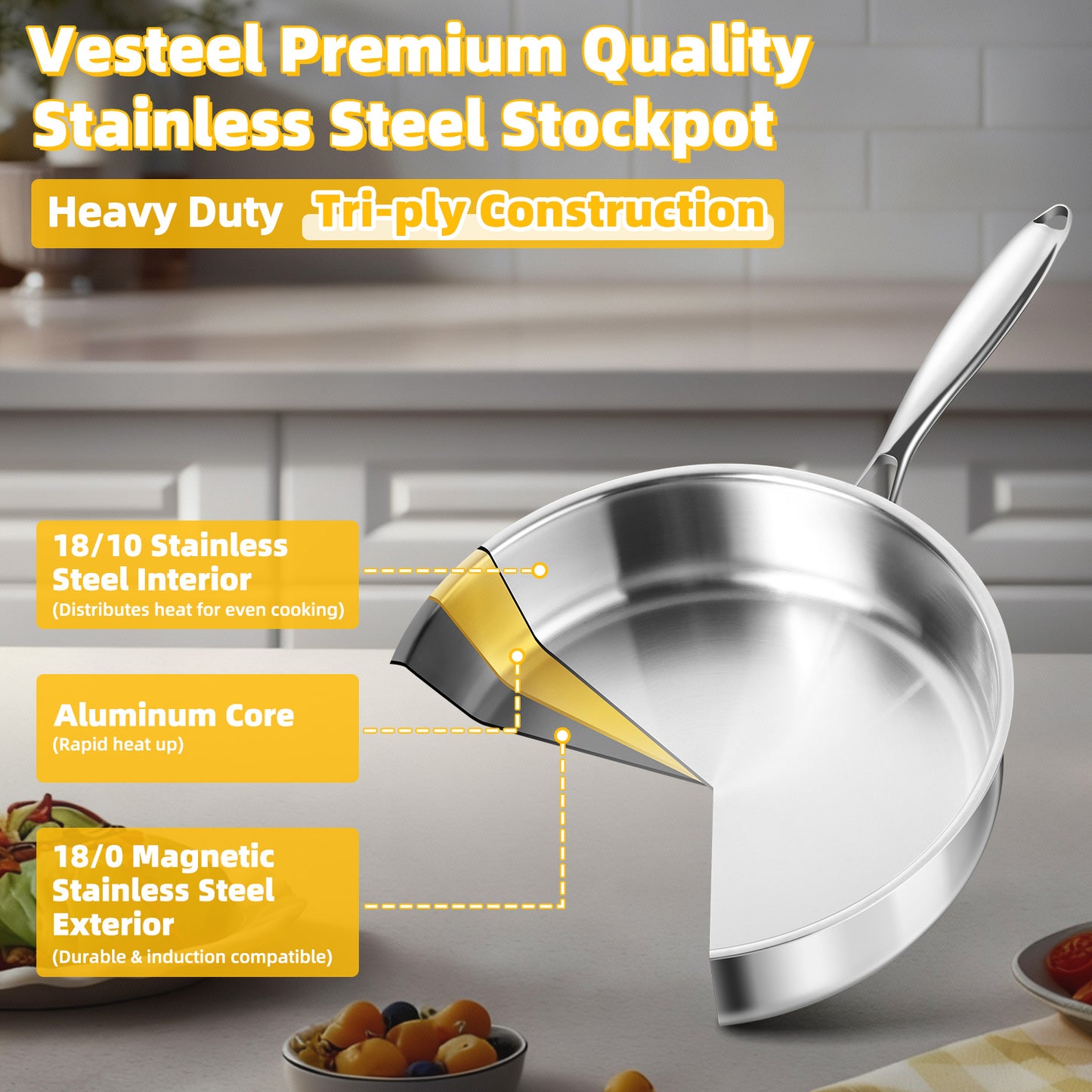Vesteel 4.5 Quart Tri-Ply Saute Pan with Lid, 10” Stainless Steel Kitchen Skillet with Removable Handle, Healthy Non-toxic Cooking Pan, Induction Compatible & Dishwasher Safe