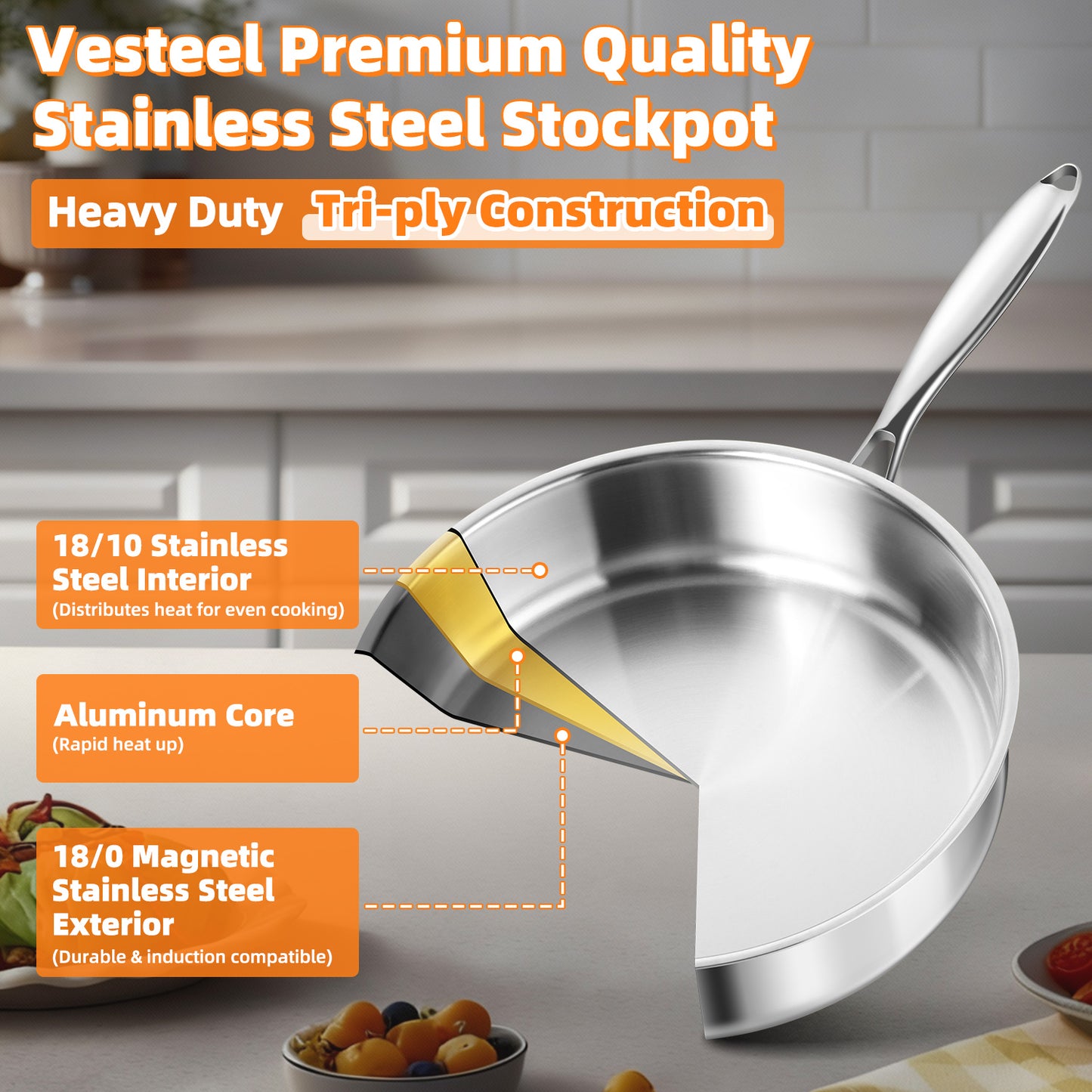 Vesteel 6 Quart Tri-Ply Saute Pan with Lid, 12” Stainless Steel Kitchen Skillet with Removable Handle, Healthy Non-toxic Cooking Pan, Induction Compatible & Dishwasher Safe