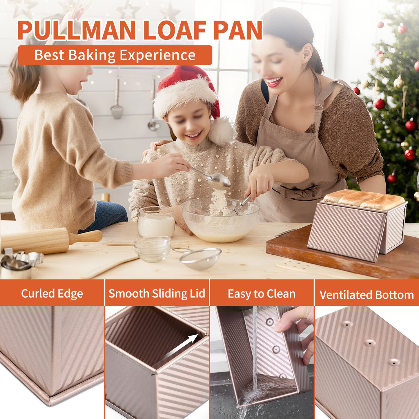 Vesteel Pullman Loaf Pan with Lid, 1 Pound Dough Capacity Rectangular Bread Pan for Homemade Bread, Non-Stick Long Bread Pan with Dough Scraper & Silicone Brush, Rose Gold