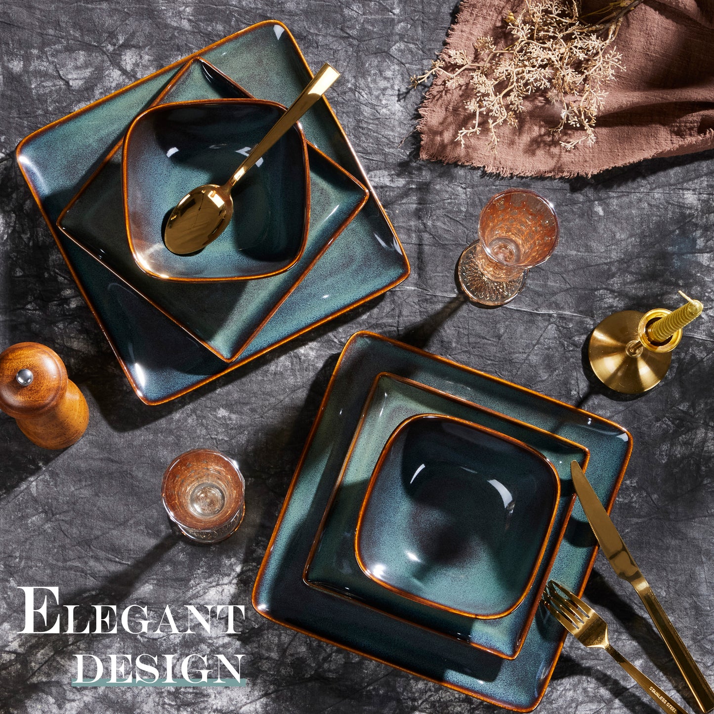 Vesteel Dinnerware Sets for 4, 12-Piece Stoneware Dish and Bowls Set, Handmade Reactive Glaze Coupe Plates Set for Family, Chip & Scratch Resistant - Forest Green