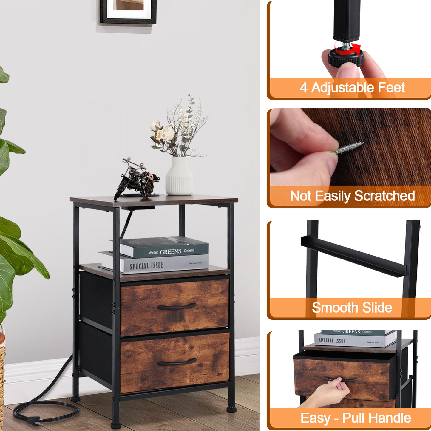Vesteel Night Stand With Charging Station, Bed Side Table with 2 Fabric Drawers & 2-Tier Shelves, End Table with Sturdy Steel Frame for Bedroom Office Hallway Living Room - Rustic Brown