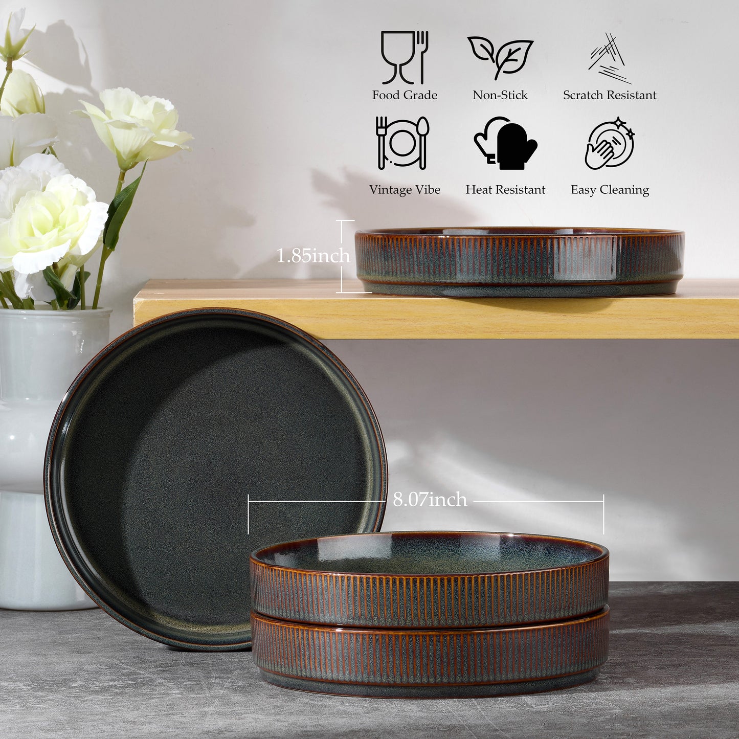 Vesteel Pasta Bowls Set of 4, 32oz Large Salad Bowls for Dinner Serving Soup, Ceramic Stoneware Pasta Plates with Textured Stripes, Microwave & Dishwasher Safe, Blackish Green