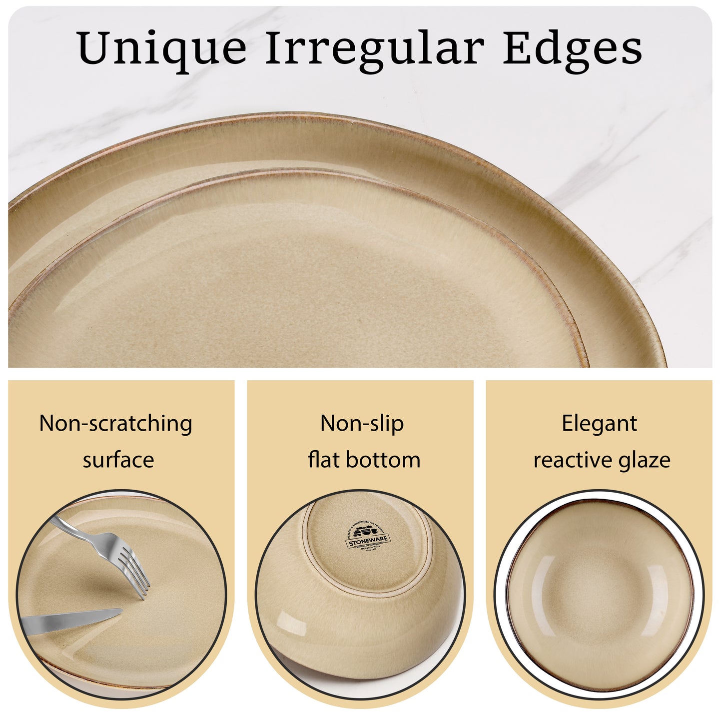 Onader 12 Piece Dinnerware Sets, Plates and Bowls Dish Set for 4, Irregular Handmade Dinner Ware Dishware for Kitchen Dinning, Microwave & Dishwasher Safe - Cream Khaki