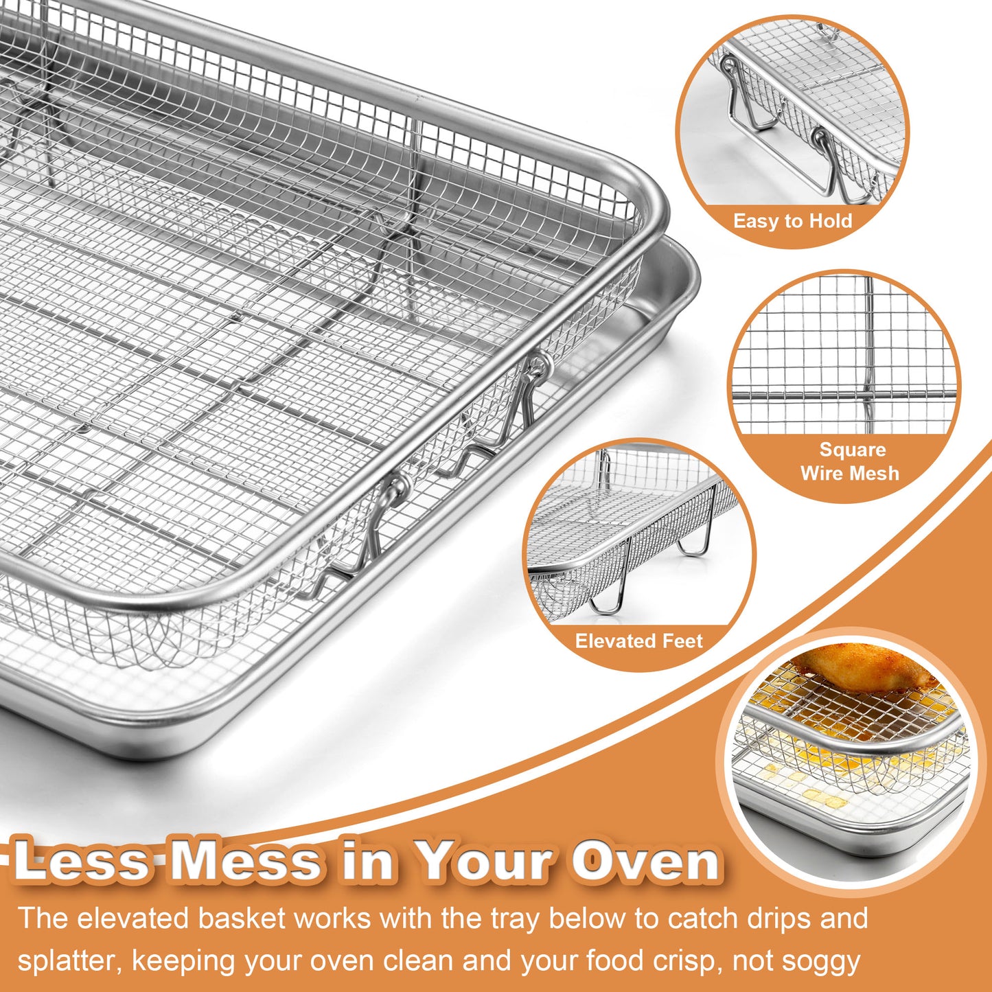 Vesteel 16 inch Air Fryer Pan with Basket Set of 2, Stainless Steel Oven Crisper Tray for Baking, Roasting, and Healthy Cooking, Dishwasher Safe