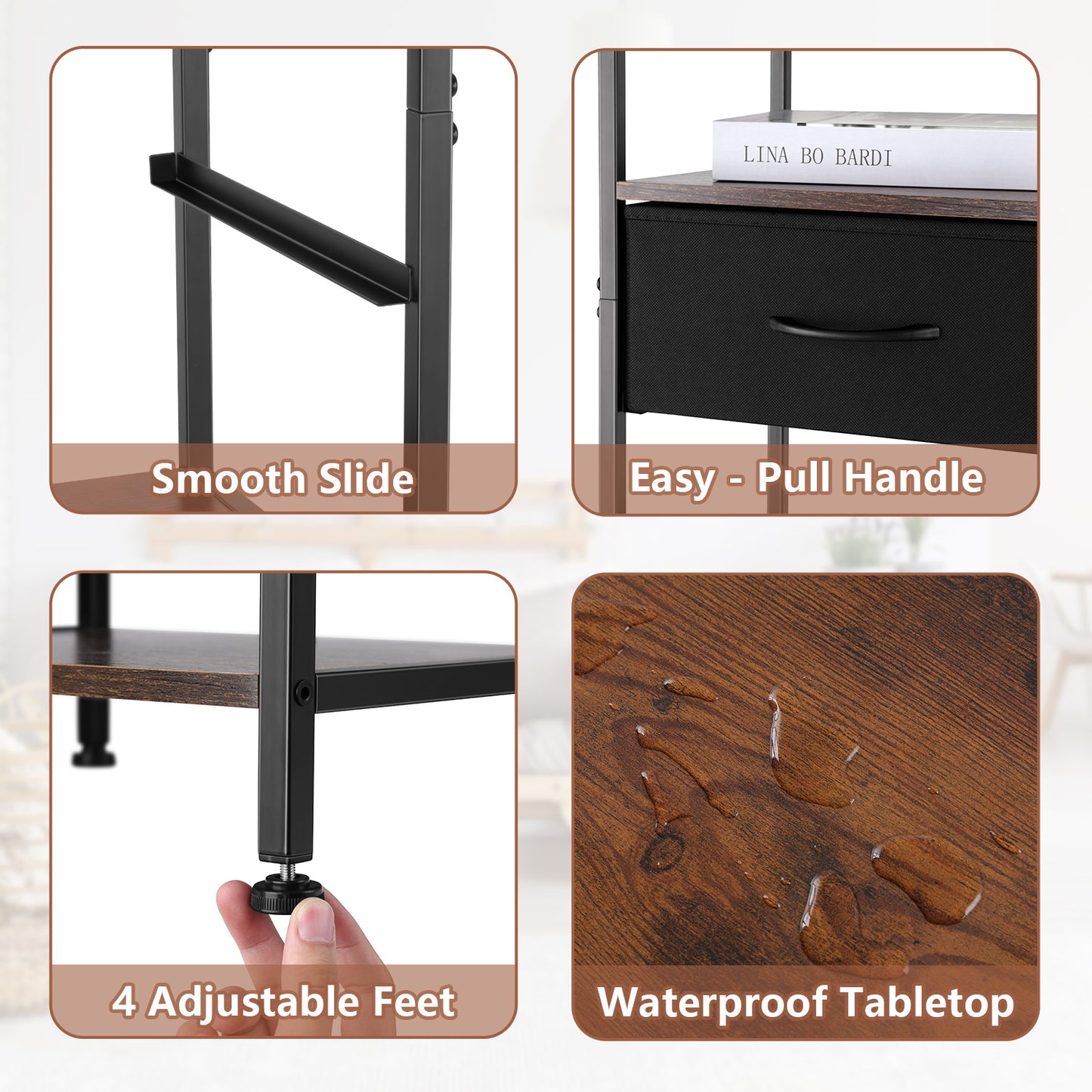 Vesteel Nightstand with Charging Station, 3-Tier Storage End Table with Drawer Shelf, Night Stand for Small Spaces, Bed Side Table for Living Room Bedroom - Rustic Brown