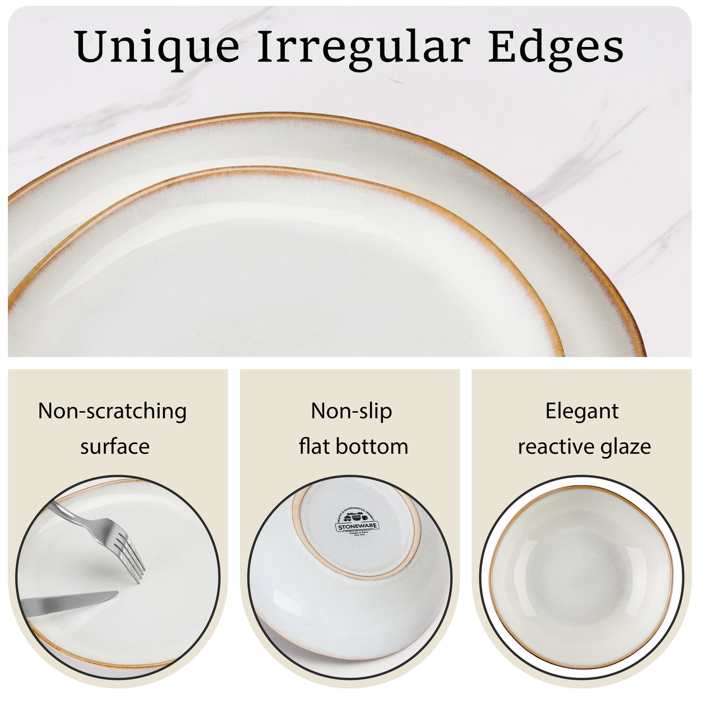 Onader 12 Piece Dinnerware Sets, Plates and Bowls Dish Set for 4, Irregular Handmade Dinner Ware Dishware for Kitchen Dinning, Microwave & Dishwasher Safe - Pearl White