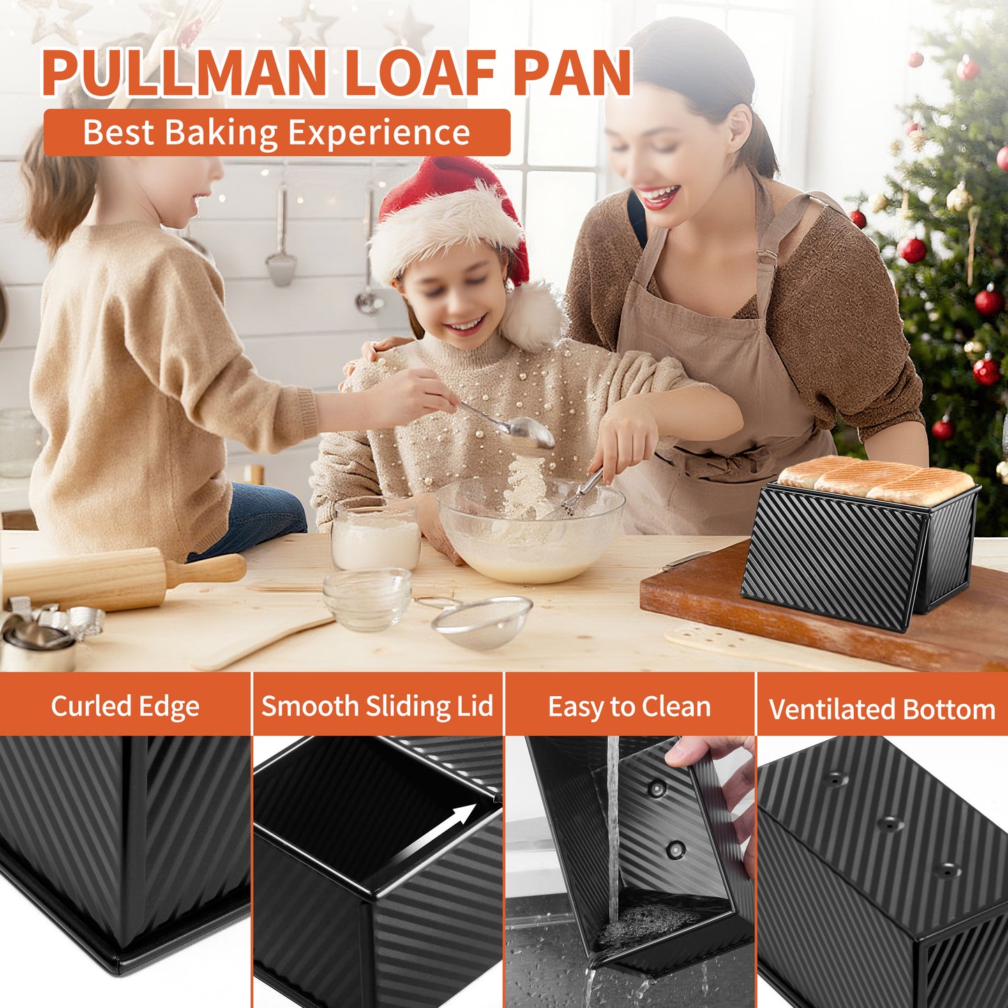 Vesteel Pullman Loaf Pan with Lid, 1 Pound Dough Capacity Rectangular Bread Pan for Homemade Bread, Non-Stick Long Bread Pan with Dough Scraper & Silicone Brush, Black