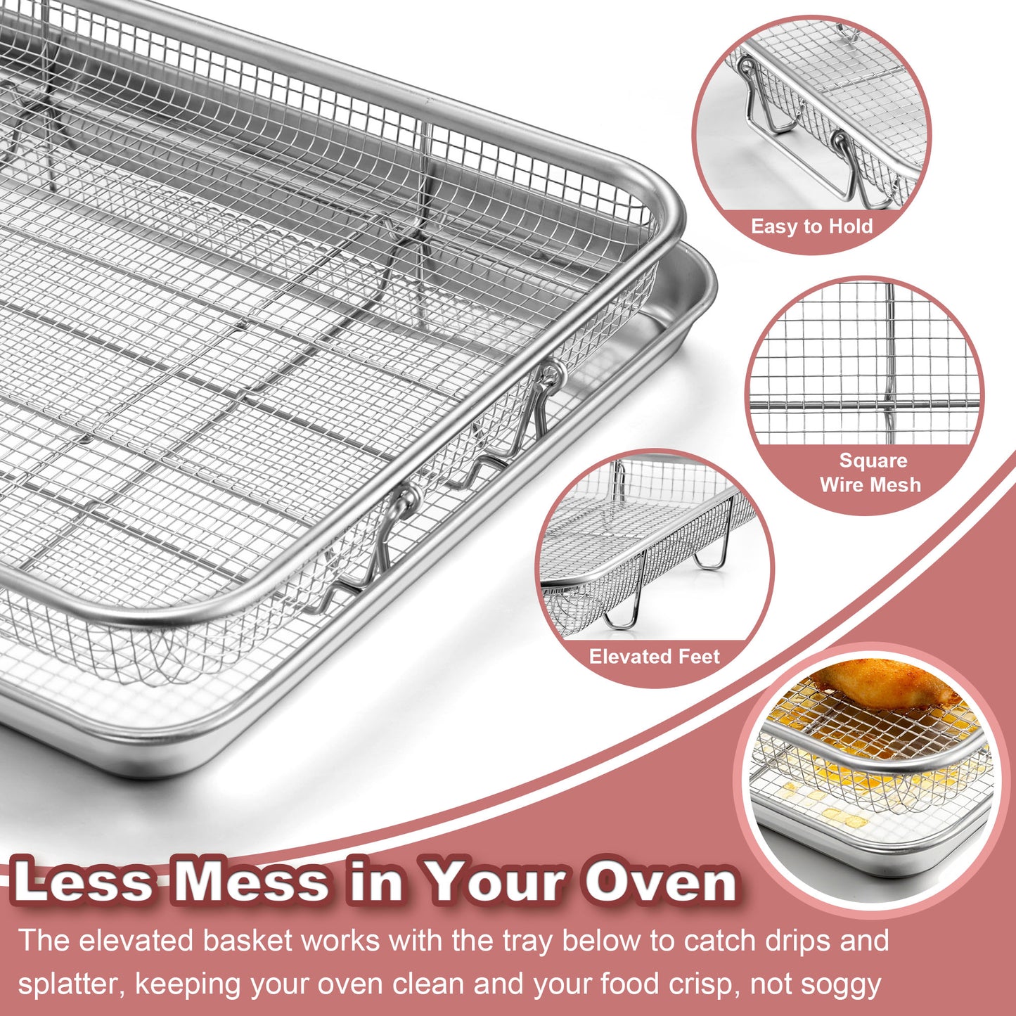 Vesteel 12.5 inch Air Fryer Pan with Basket Set of 2, Stainless Steel Oven Crisper Tray for Baking, Roasting, and Healthy Cooking, Dishwasher Safe