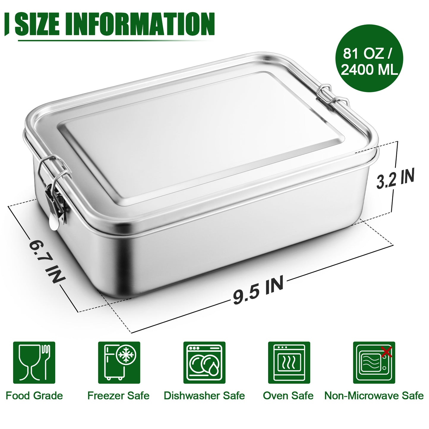 Vesteel Large Capacity Bento Box, 81oz Lunch Box Metal Food Storage Container with Removable Dividers, Portable & Leak-Proof Meal Prep Container with 3 Compartment