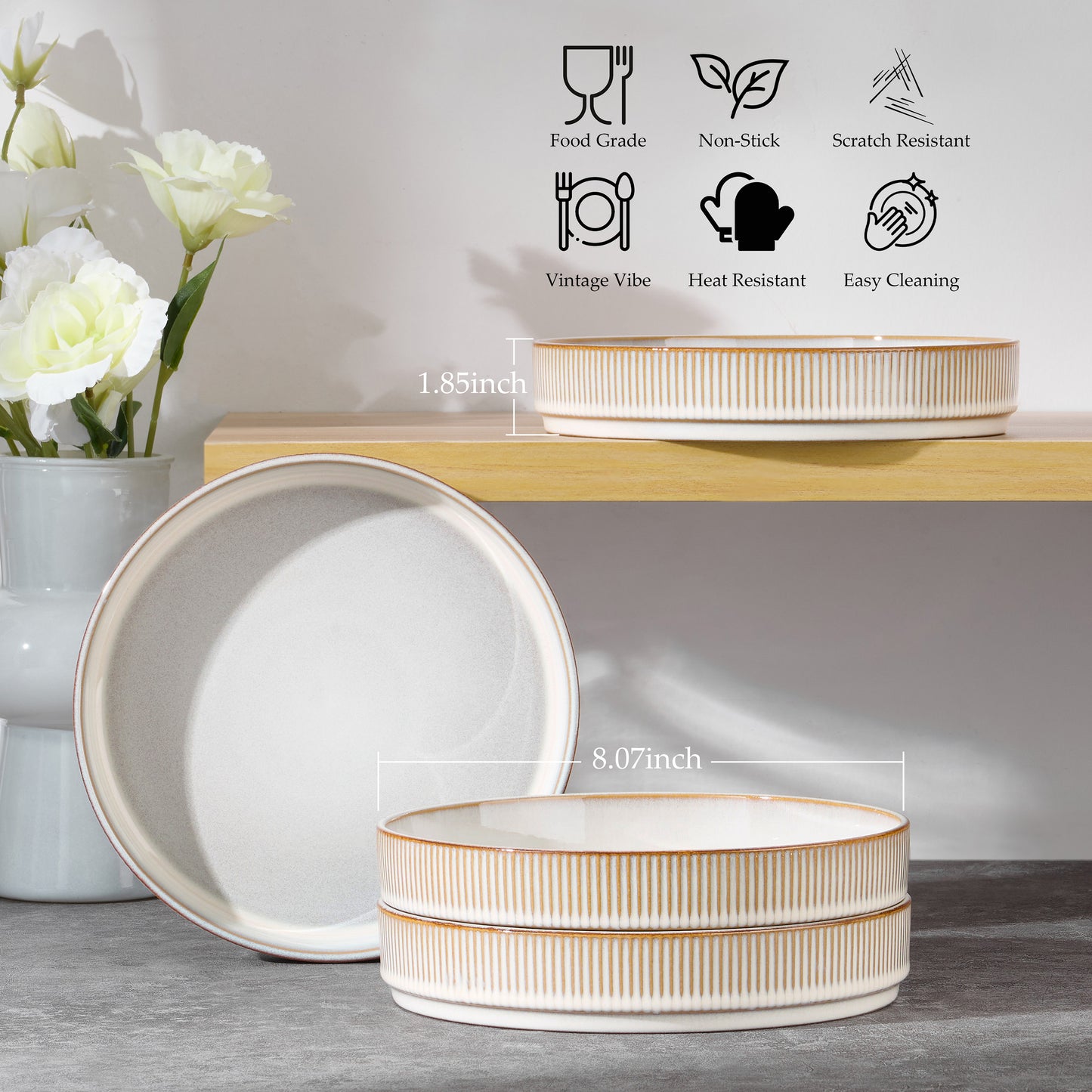 Vesteel Pasta Bowls Set of 4, 32oz Large Salad Bowls for Dinner Serving Soup, Ceramic Stoneware Pasta Plates with Textured Stripes, Microwave & Dishwasher Safe, Seashell White
