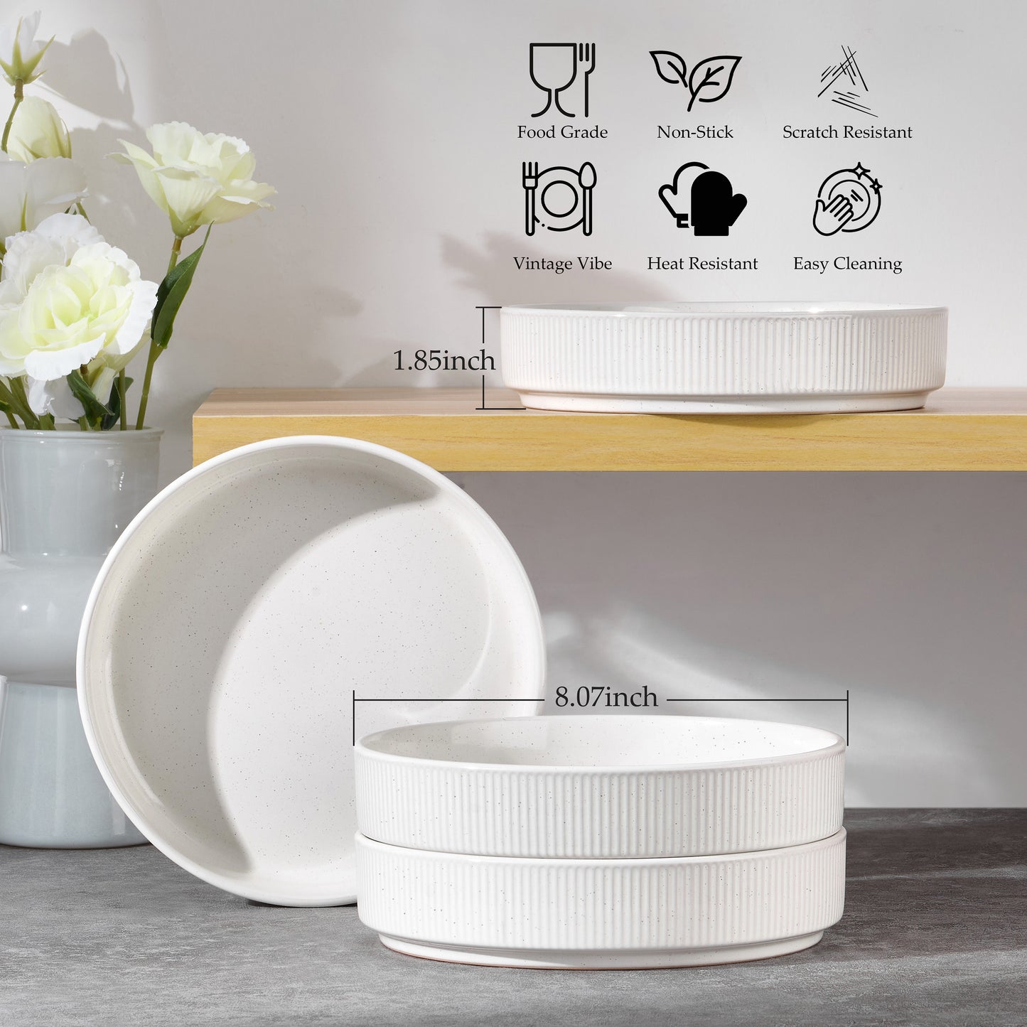 Vesteel Pasta Bowls Set of 4, 32oz Large Salad Bowls for Dinner Serving Soup, Ceramic Stoneware Pasta Plates with Textured Stripes, Microwave & Dishwasher Safe, Speckled White