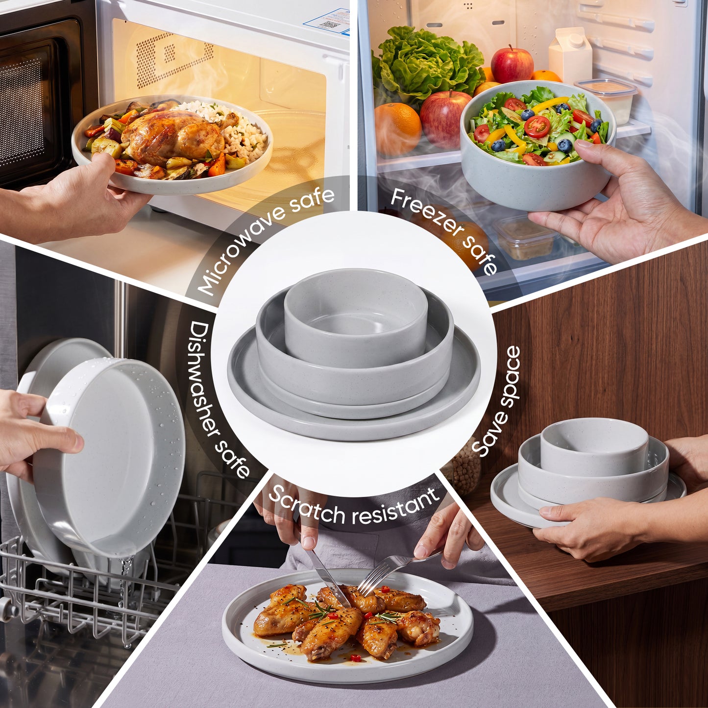 Onader 8-Piece Stoneware Dinnerware Set, Speckled Porcelain Plates and Bowls for the Kitchen, High-Quality Handcrafted Ceramic Dinnerware, Microwave & Dishwasher Safe - Light Gray