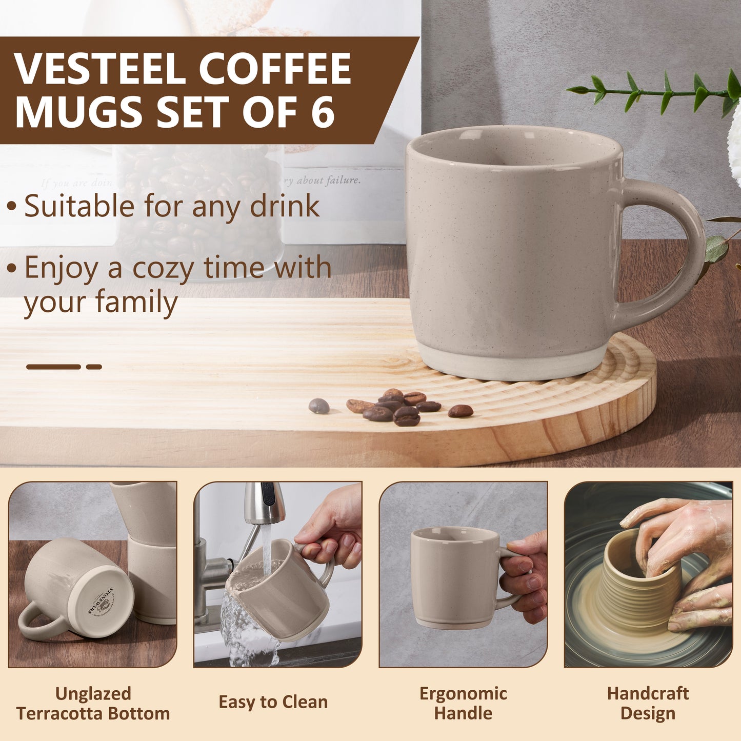 Vesteel Coffee Mugs Set of 6, 12oz Ceramic Coffee Cups Set with Makeup Clay for Coffee Tea Milk, Mug Gifts for Thanksgiving Day Anniversary, Cappuccino Brown