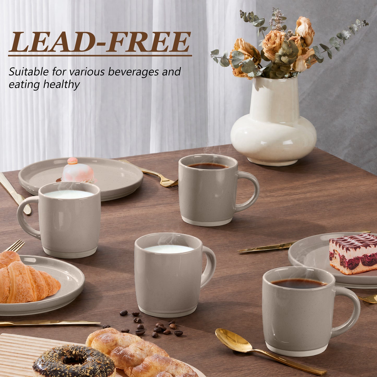 Vesteel Coffee Mugs Set of 6, 12oz Ceramic Coffee Cups Set with Makeup Clay for Coffee Tea Milk, Mug Gifts for Thanksgiving Day Anniversary, Cappuccino Brown