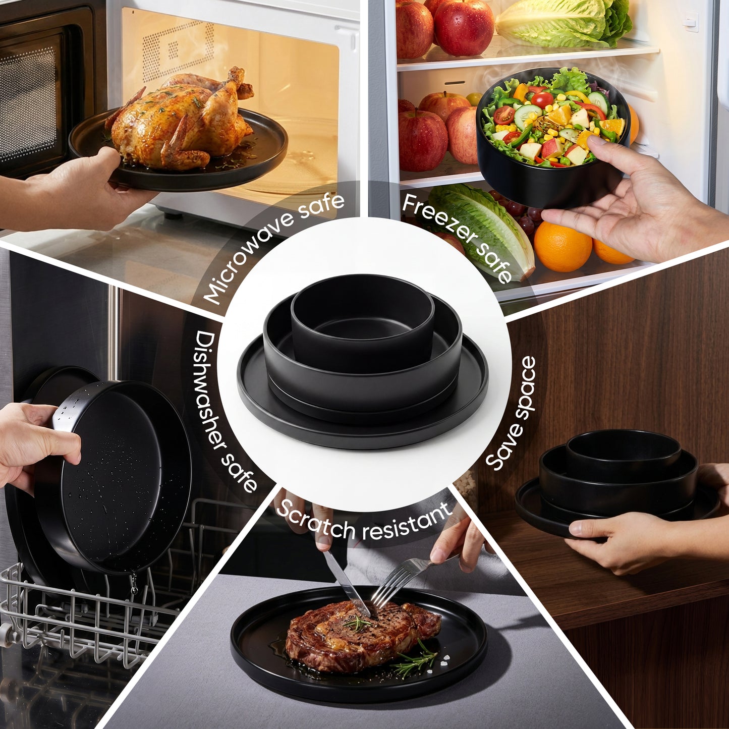 Onader 8-Piece Stoneware Dinnerware Set, Vertical Plates and Bowls for the Kitchen, Premium Glaze Handcrafted Ceramic Dinnerware, Microwave & Dishwasher Safe - Matte Black
