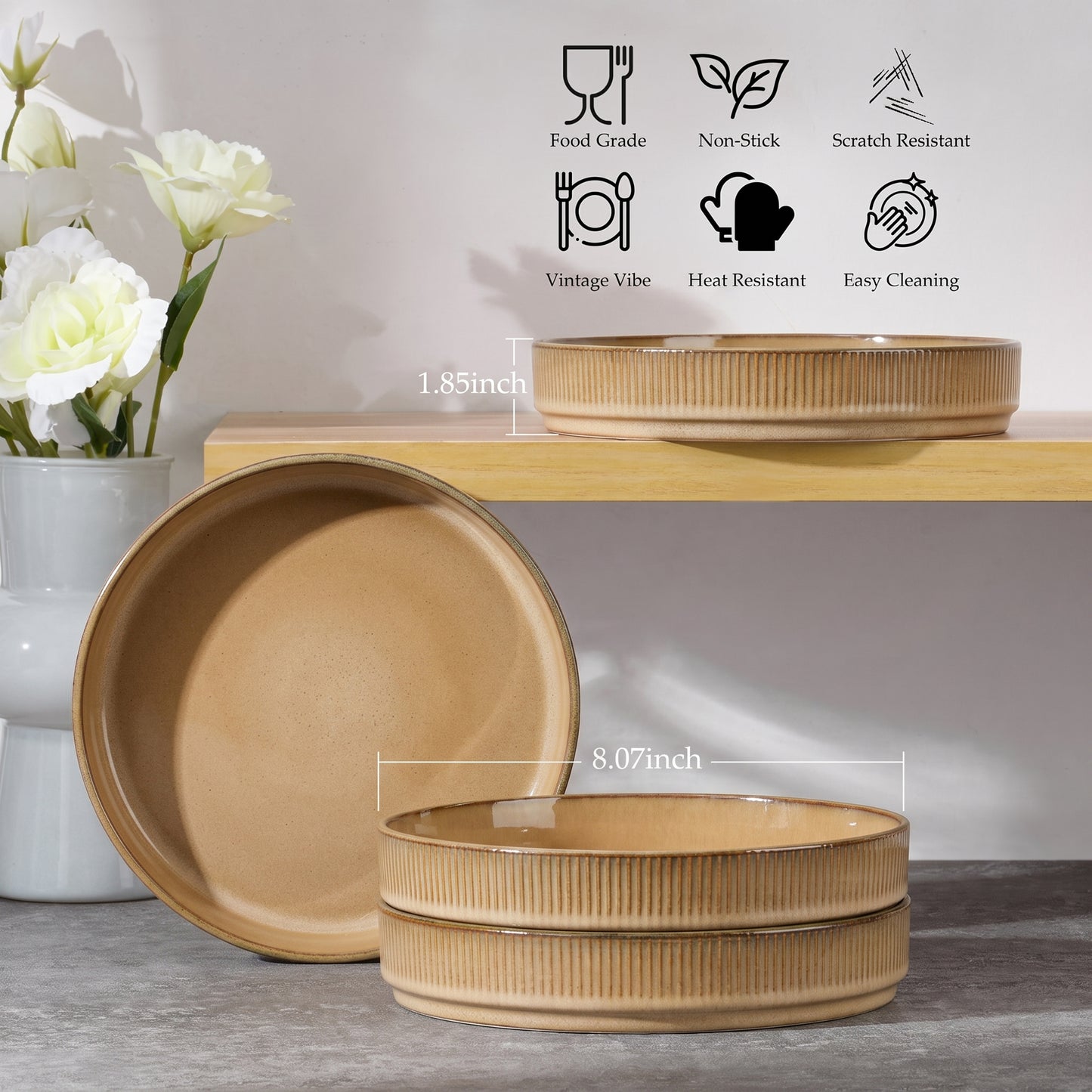 Vesteel Pasta Bowls Set of 4, 32oz Large Salad Bowls for Dinner Serving Soup, Ceramic Stoneware Pasta Plates with Textured Stripes, Microwave & Dishwasher Safe, Khaki