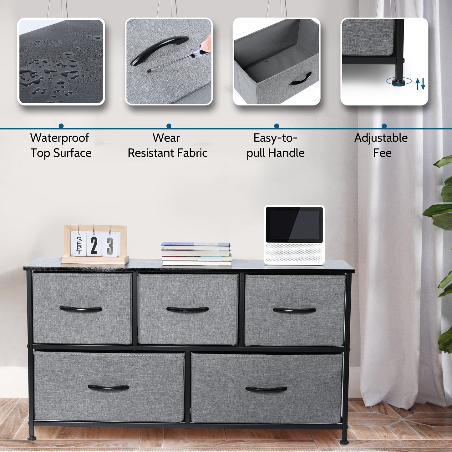 Vesteel 5 Drawers Dresser, Wide Chest of Drawers Fabric Dresser with Wood Top and Sturdy Steel Frame, Storage Organizer Unit for Closet, Living Room, Hallway - Grey