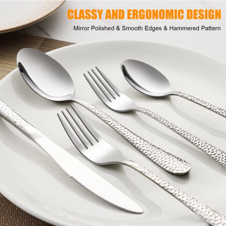 Vesteel 45-Piece Silverware Set with Serving Utensils, Stainless Steel Hammered Flatware Cutlery Set for 8 Include Forks Knives Spoons, Heavy Duty & Mirror Polished