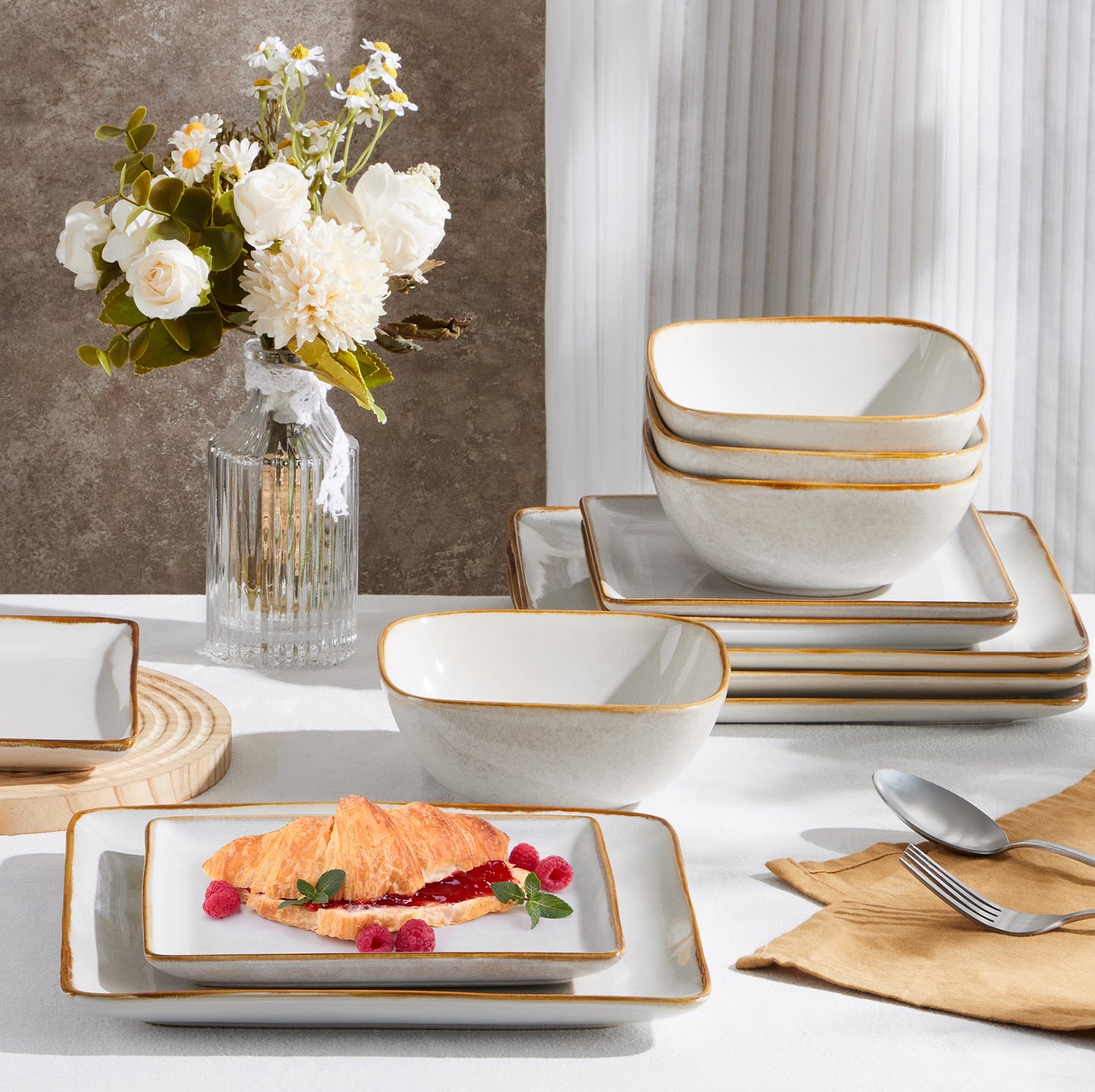 Onader Square Dinnerware Sets for 4, 12-Piece Plates and Bowls Sets, Reactive Glaze Dish Set, Chip and Scratch Resistant, Microwave and Dishwasher Safe, Seashell White