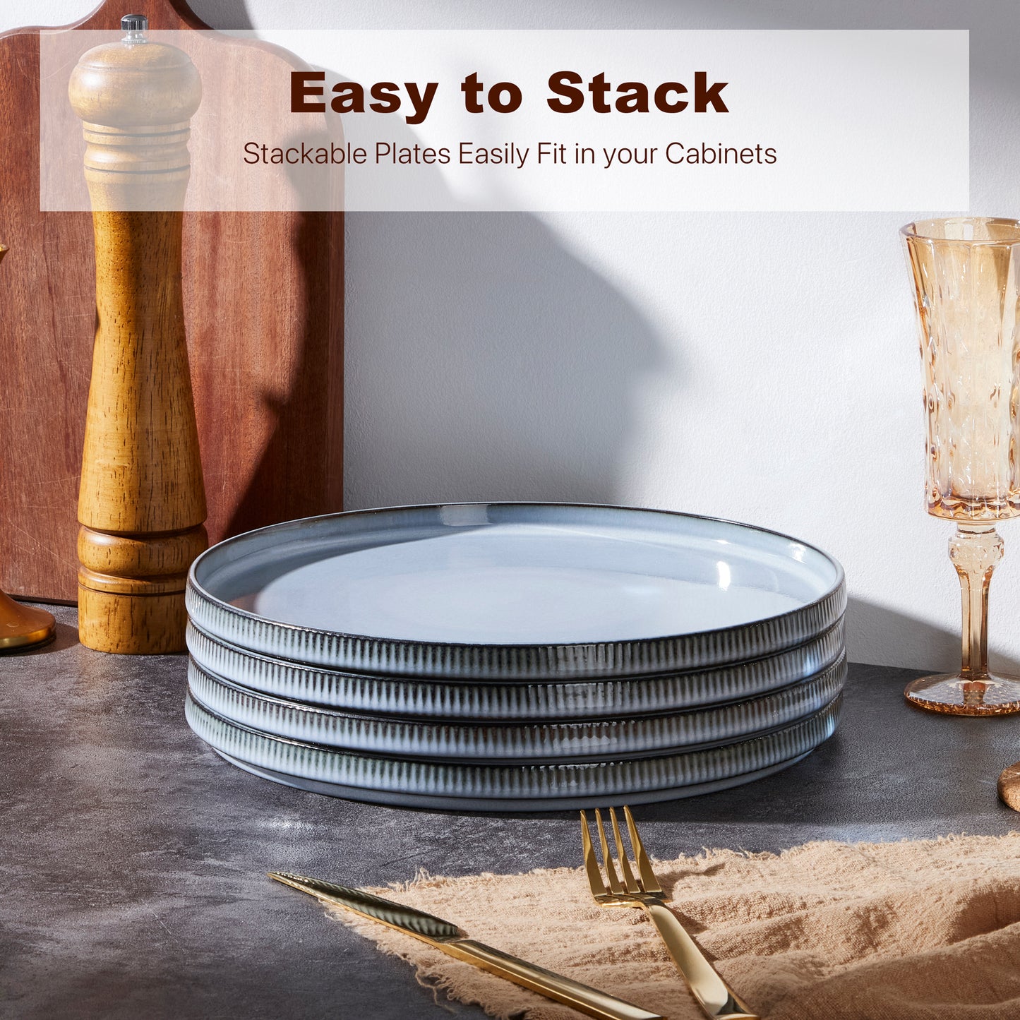 Vesteel 4 Pieces Dinner Plates Set, Premium Stoneware Ribbed Dishes, Chip & Scratch Resistant Ceramic Set for Home Restaurant, Microwave and Dishwasher Safe - Foggy Blue