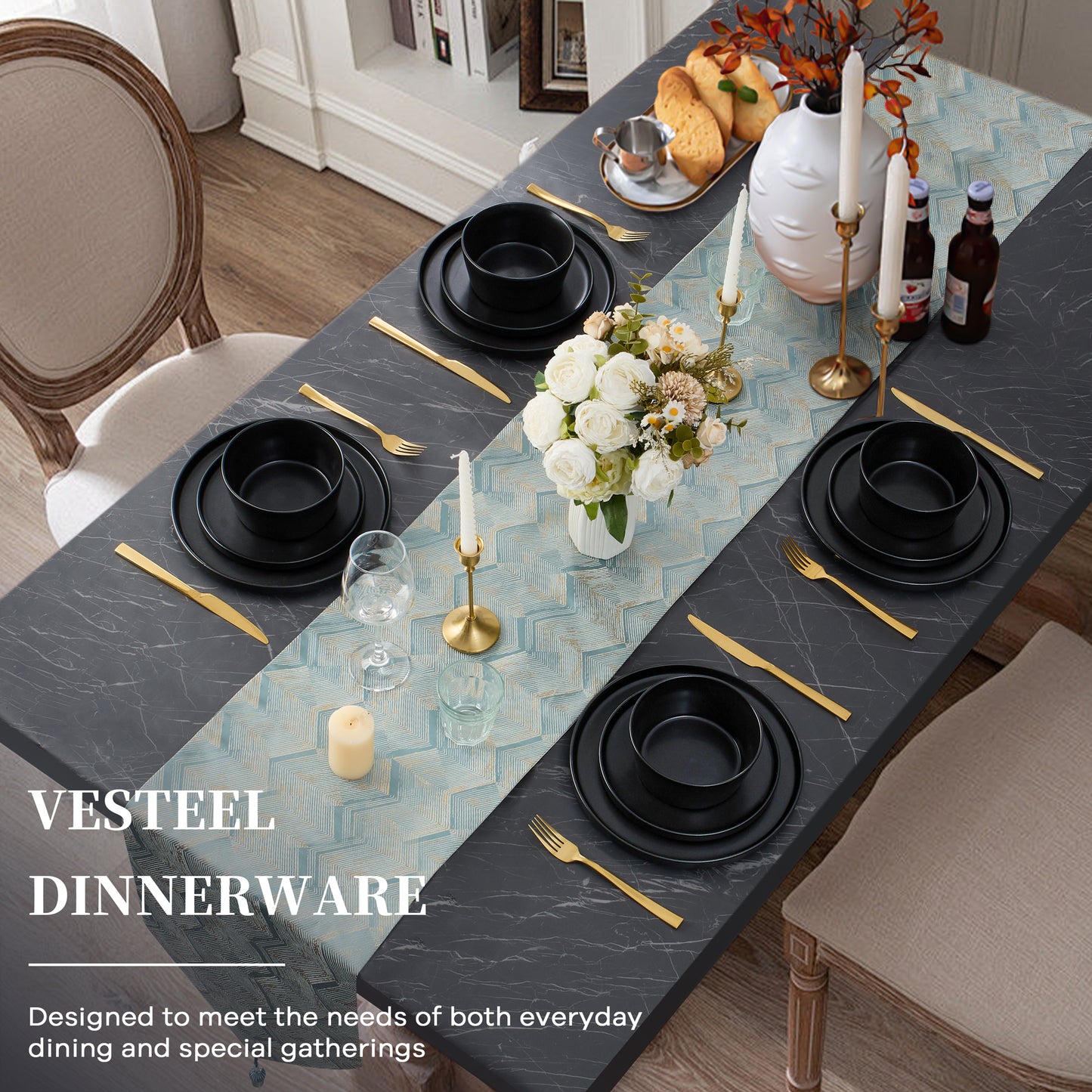 Vesteel Dinnerware Sets for 4, 12Pcs Stoneware Plates and Bowls Set, Elegant Tableware set for Home Restaurant, Chip & Scratch Resistant Dishes Set , Black