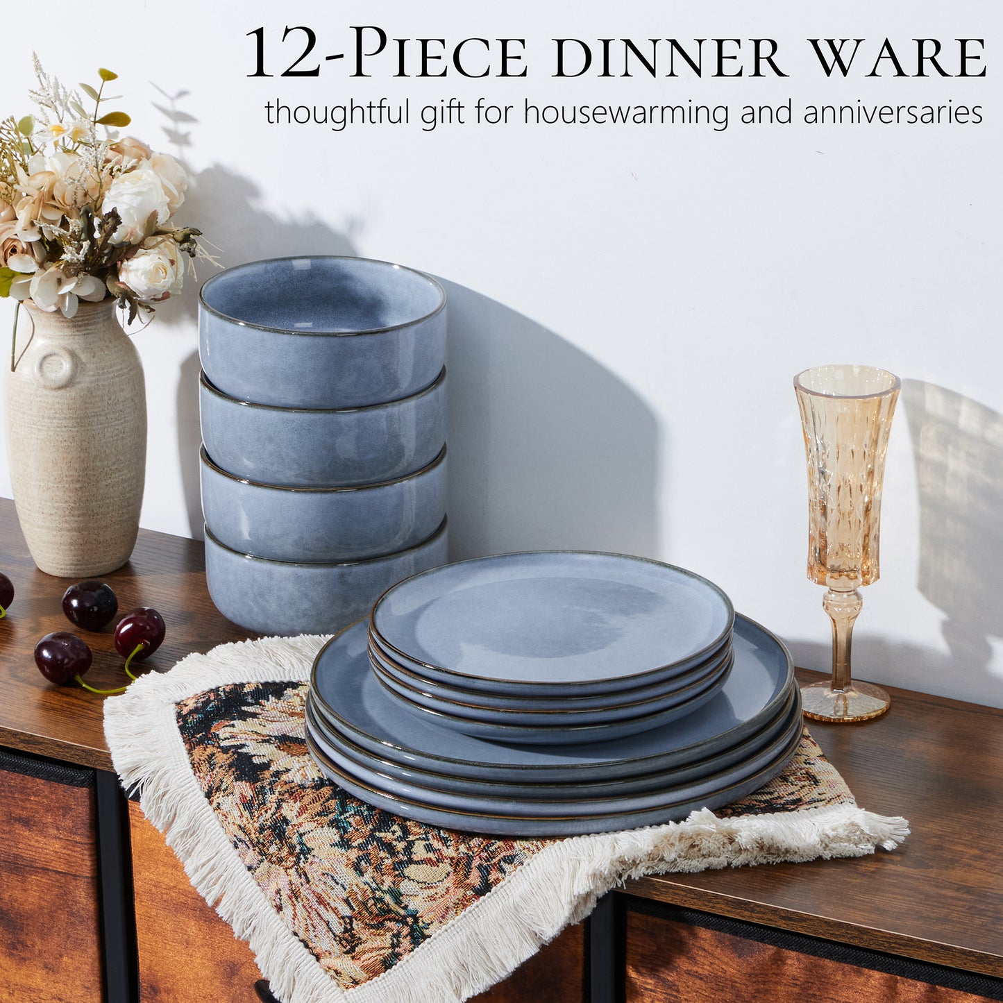 Vesteel Dinnerware Sets for 4, 12-Piece Stoneware Dish and Bowls Set, Handmade Reactive Glaze Coupe Plates Set, Chip & Scratch Resistant - Uranus Blue