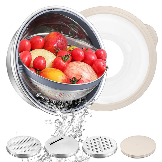 Vesteel Colander with Mixing Bowl Set, 4 in 1 Stainless Steel Food Strainer with Airtight Visible Lid and 3 Graters, Multifunctional Kitchen Prep Bowls for Washing/Draining/Mixing/ Grating - Khaki