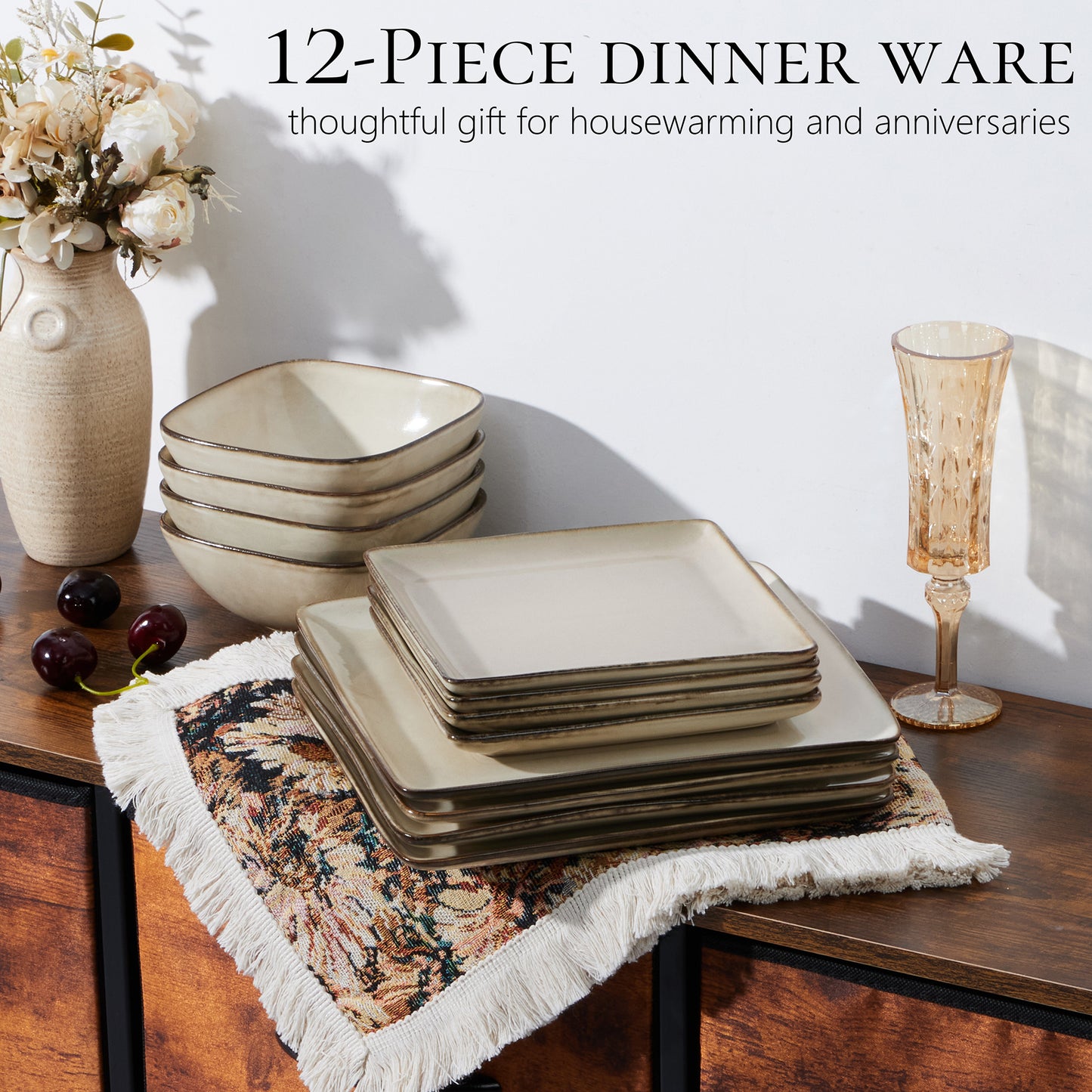 Vesteel 12 Pieces Square Dinnerware Sets, Ceramic Plates and Bowls Sets for 4, Handmade Reactive Glaze Dishes Set for Kitchen Dining, Microwave & Dishwasher Safe, Khaki