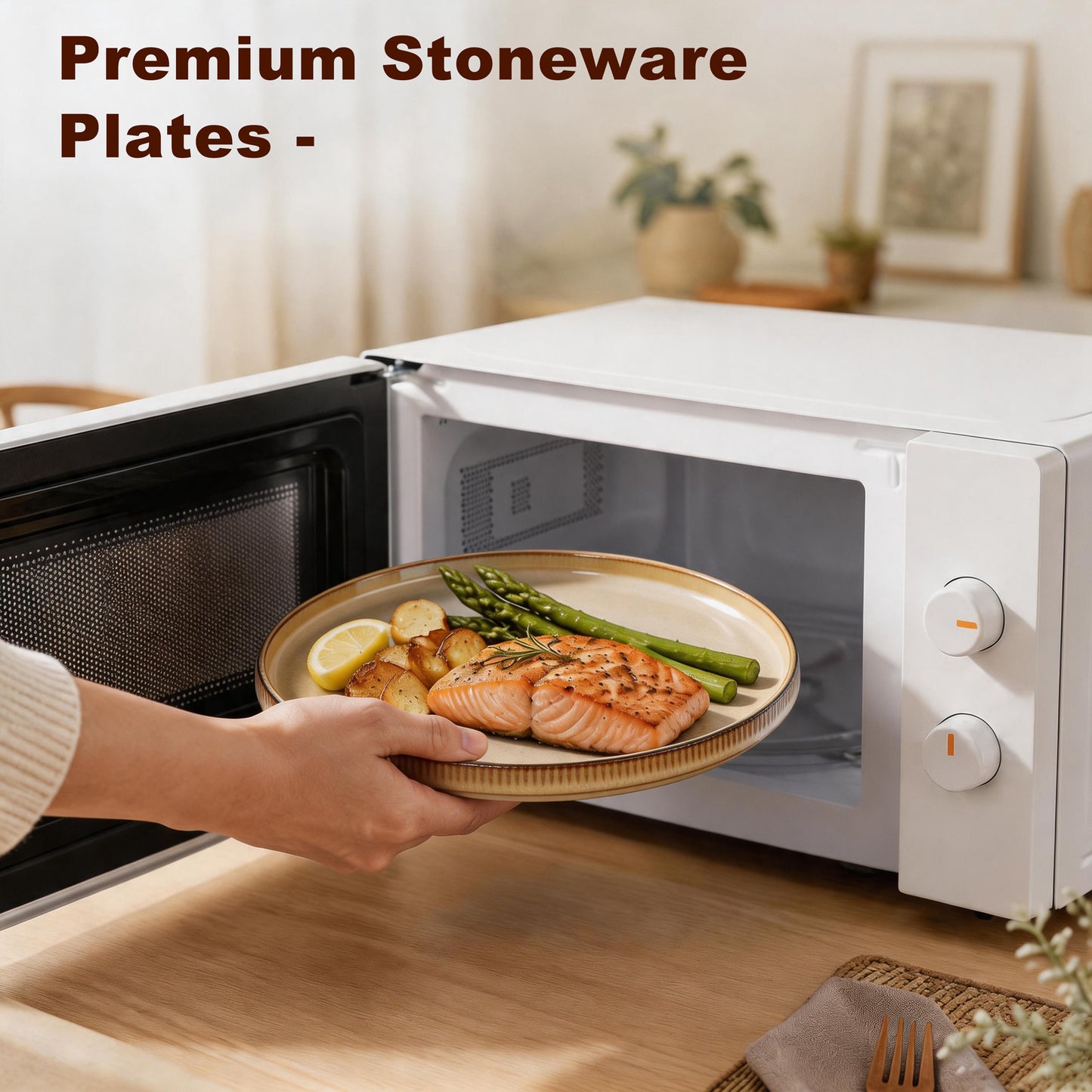 Vesteel 4 Pieces Dinner Plates Set, Premium Stoneware Ribbed Dishes, Chip & Scratch Resistant Ceramic Set for Home Restaurant, Microwave and Dishwasher Safe - Khaki