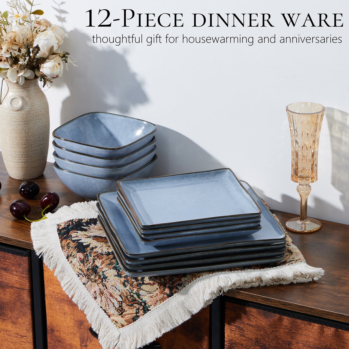 Vesteel Dinnerware Sets for 4, 12-Piece Square Stoneware Dish and Bowls Set, Handmade Reactive Glaze Coupe Plates Set, Chip & Scratch Resistant - Uranus Blue