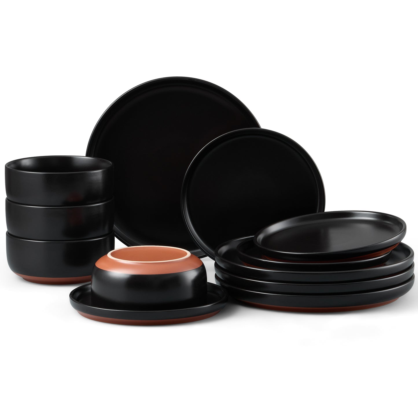 Onader 12-Piece Dinnerware Sets, Plates and Bowls Set for 4, Stoneware Dishware for Home Restaurant, Dishwasher & Microwave Safe, Matte Black