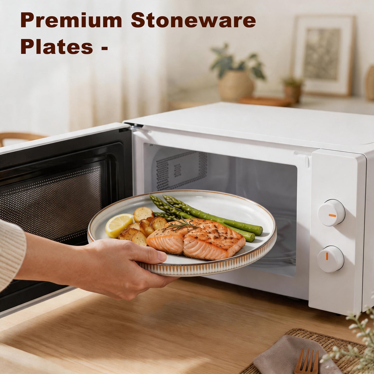 Vesteel 4 Pieces Dinner Plates Set, Premium Stoneware Ribbed Dishes, Chip & Scratch Resistant Ceramic Set for Home Restaurant, Microwave and Dishwasher Safe - Seashell White