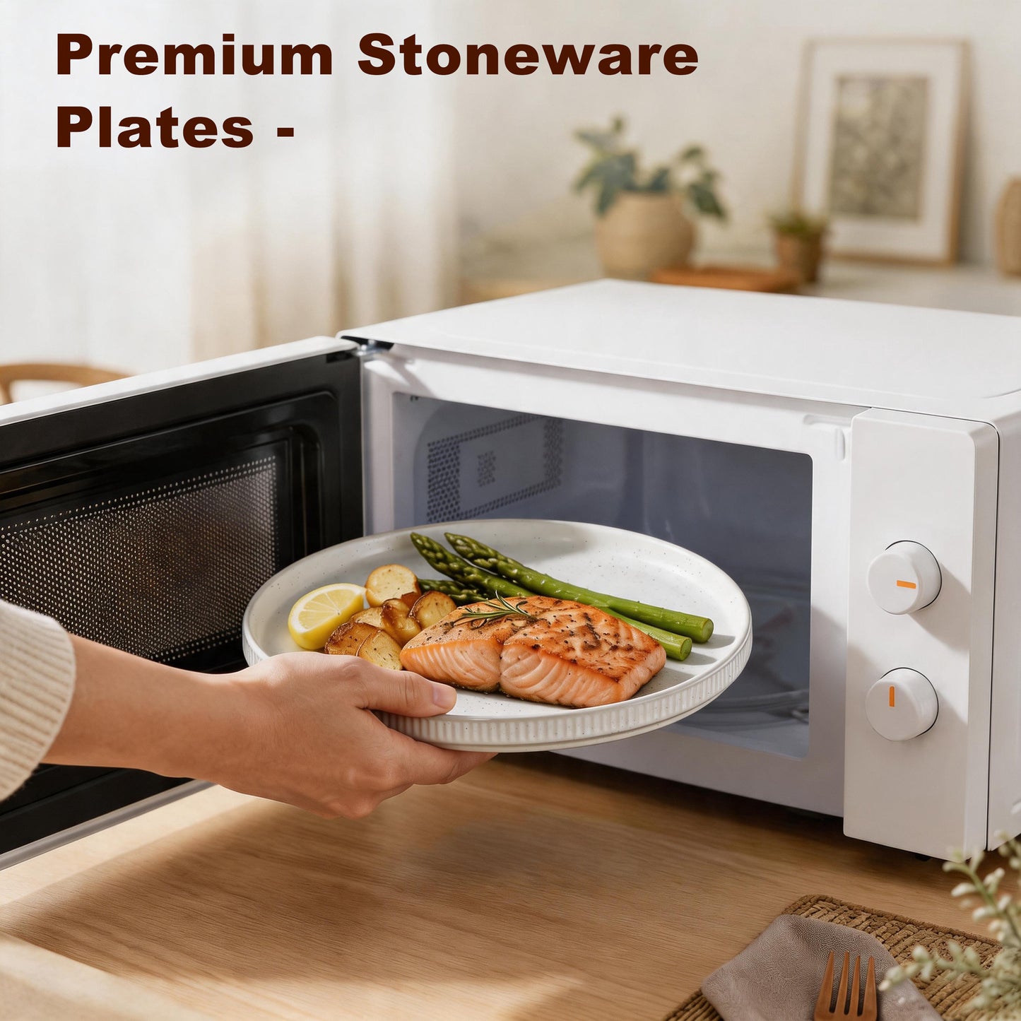 Vesteel 4 Pieces Dinner Plates Set, Premium Stoneware Ribbed Dishes, Chip & Scratch Resistant Ceramic Set for Home Restaurant, Microwave and Dishwasher Safe - Speckled White
