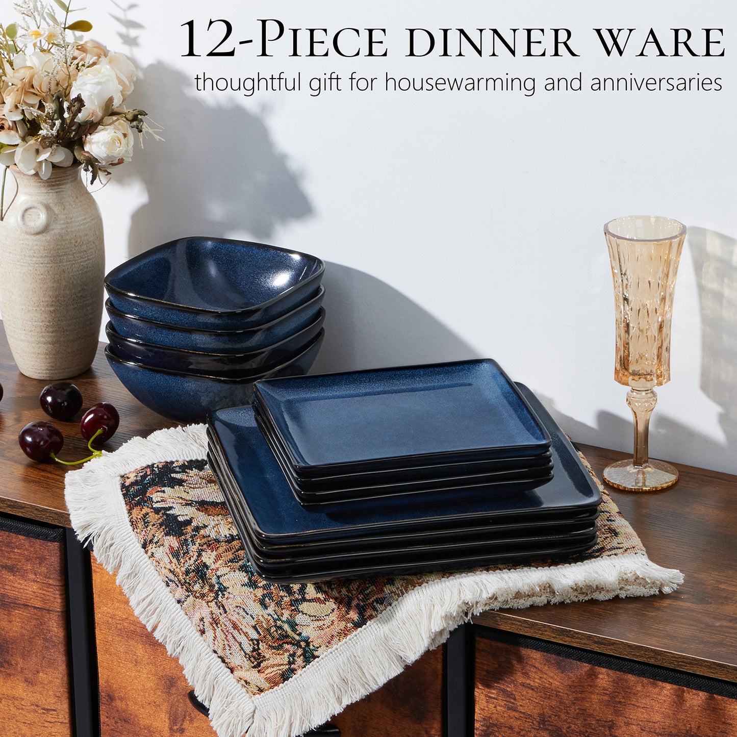 Vesteel 12 Pieces Square Dinnerware Sets, Ceramic Plates and Bowls Sets for 4, Handmade Reactive Glaze Dishes Set for Kitchen Dining, Microwave & Dishwasher Safe, Ocean Blue