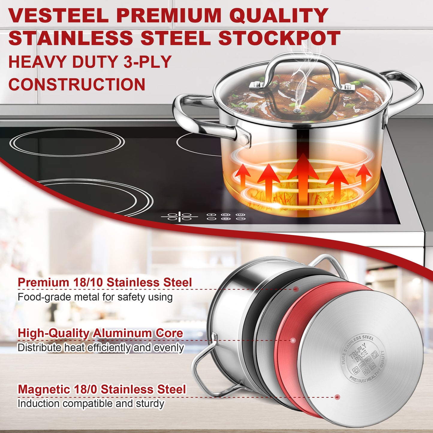 Vesteel 6 QT Stock Pot with Lid, Stainless Steel Cookware for Stewing Simmering, Tri-ply Bottom for Induction Gas Electric Stove, Heavy Duty & Food Grade