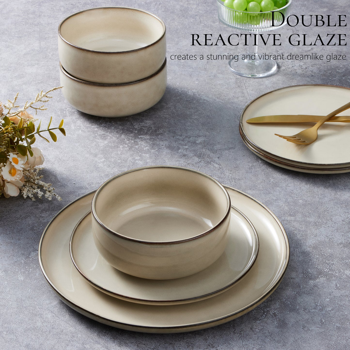 Vesteel Dinnerware Sets for 4, 12-Piece Stoneware Dish and Bowls Set, Handmade Reactive Glaze Coupe Plates Set for Family, Chip & Scratch Resistant - Khaki