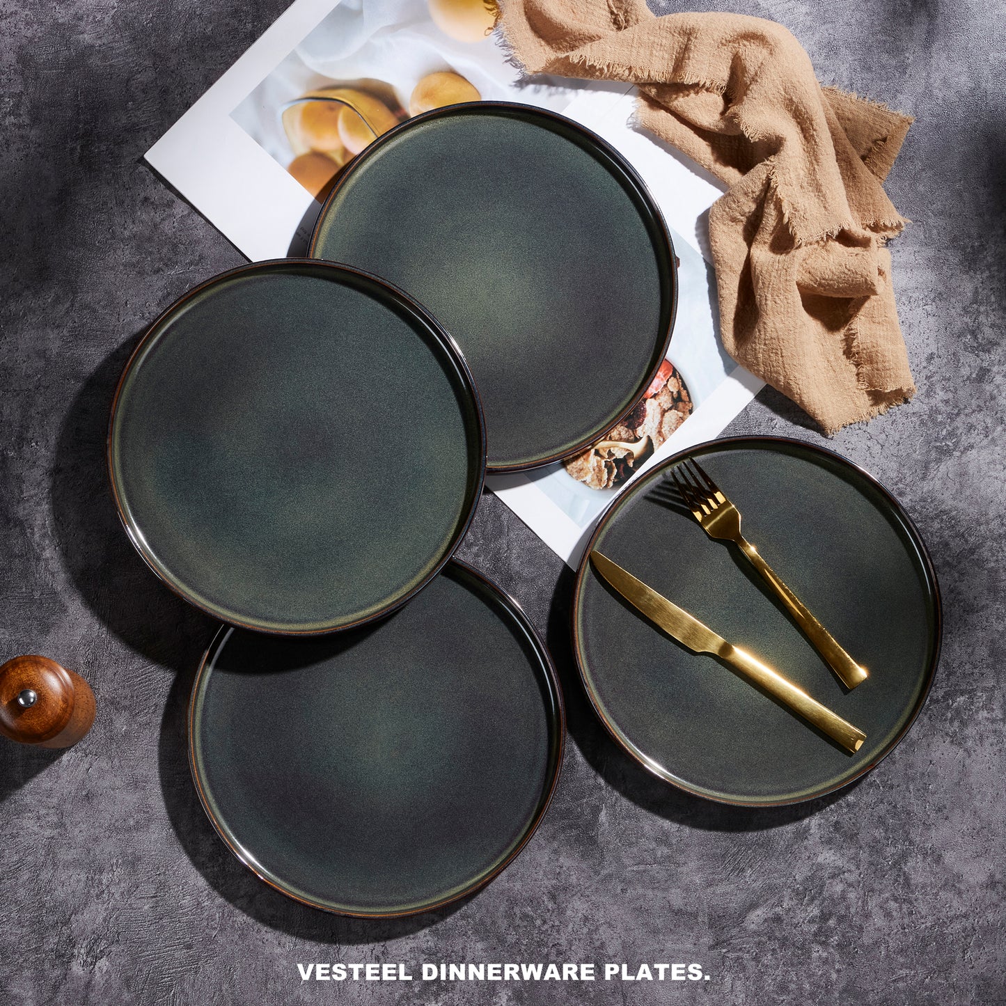 Vesteel 4 Pieces Dinner Plates Set, Premium Stoneware Ribbed Dishes, Chip & Scratch Resistant Ceramic Set for Home Restaurant, Microwave and Dishwasher Safe - Forest Green