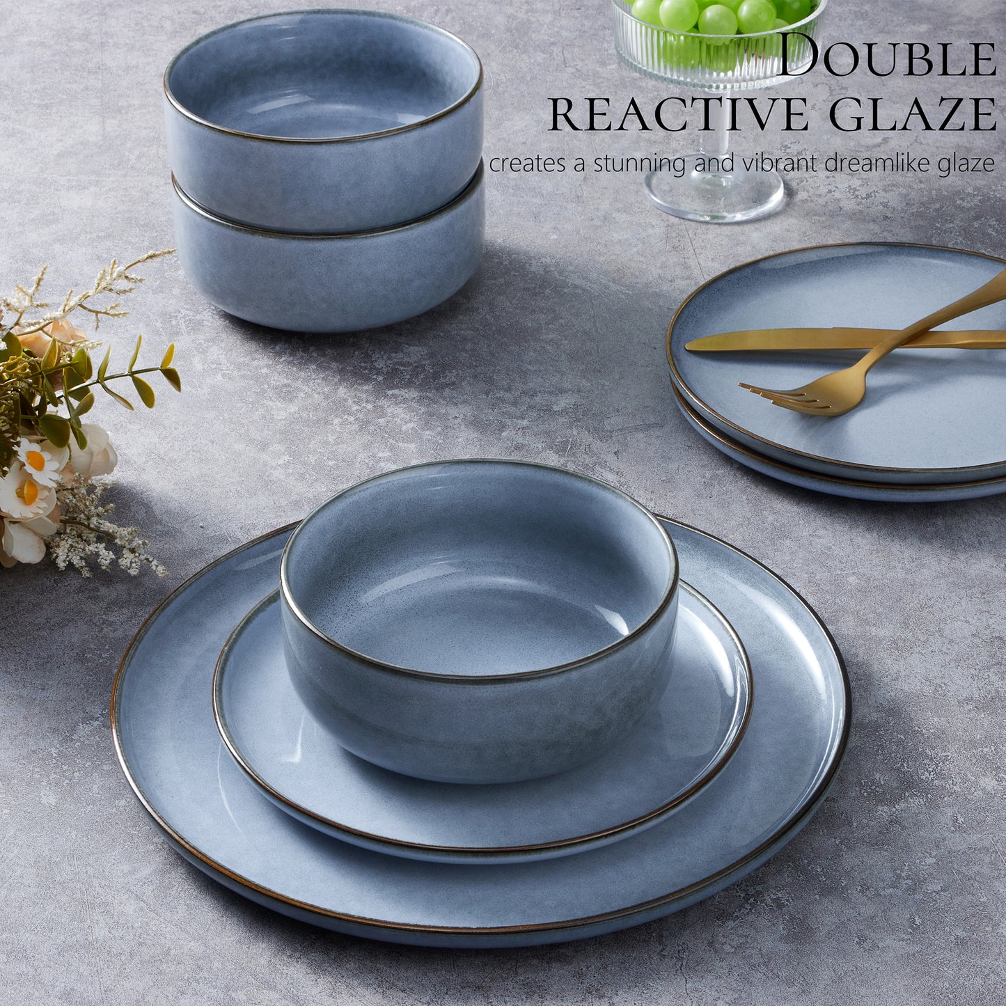 Vesteel Dinnerware Sets for 4, 12-Piece Stoneware Dish and Bowls Set, Handmade Reactive Glaze Coupe Plates Set, Chip & Scratch Resistant - Uranus Blue